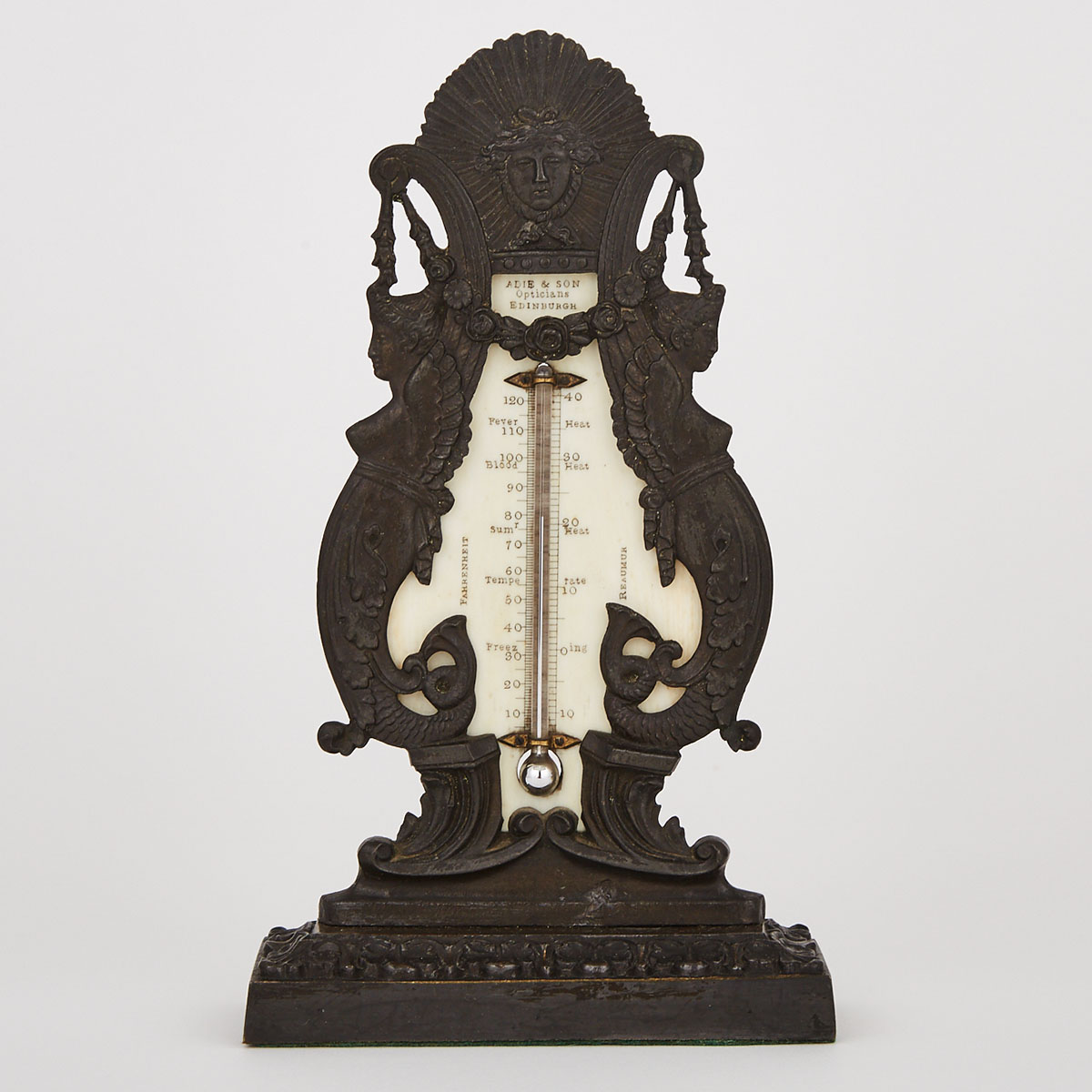 Bronze Neoclassical Lyre Form Advertising Desk Thermometer, c.1870