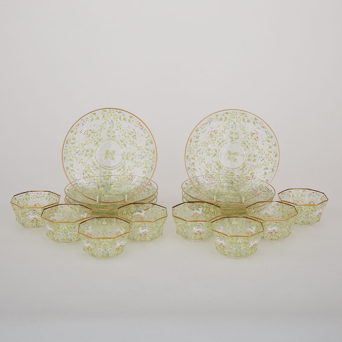 Eight Salviati Enameled and Gilt Glass Dessert Plates and Finger Bowls, 20th century