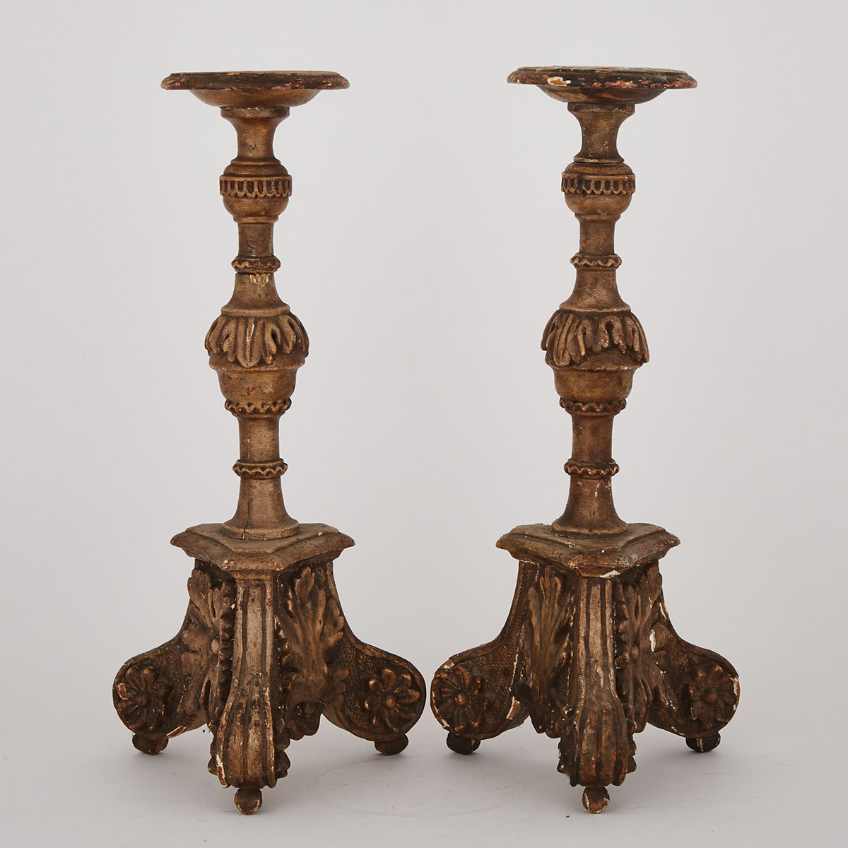 Pair of Italian Carved and Silver Gilt Altar Prickets, mid 19th century