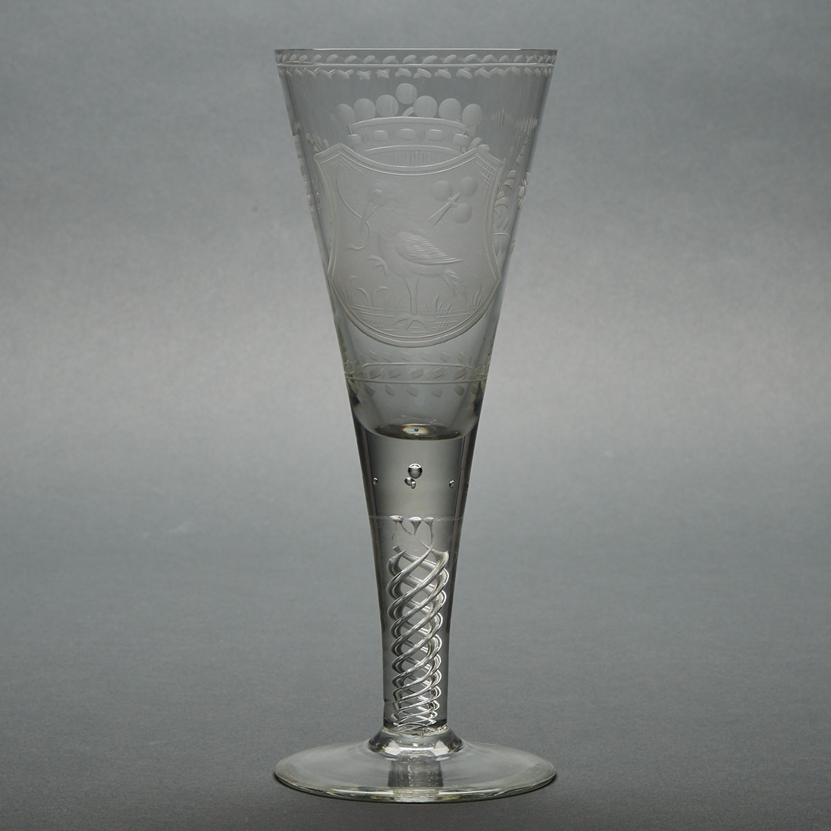 Dutch Engraved Armorial Glass Air-Twist Stemmed Large Goblet, 19th century