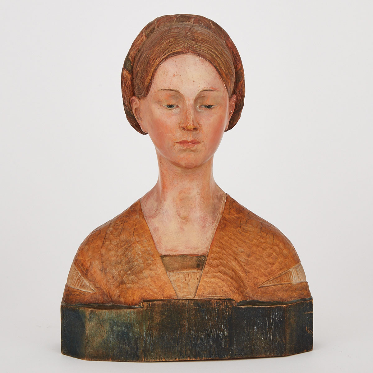 Polychromed Carved Wooden Bust of a Renaissance Woman, 20th century