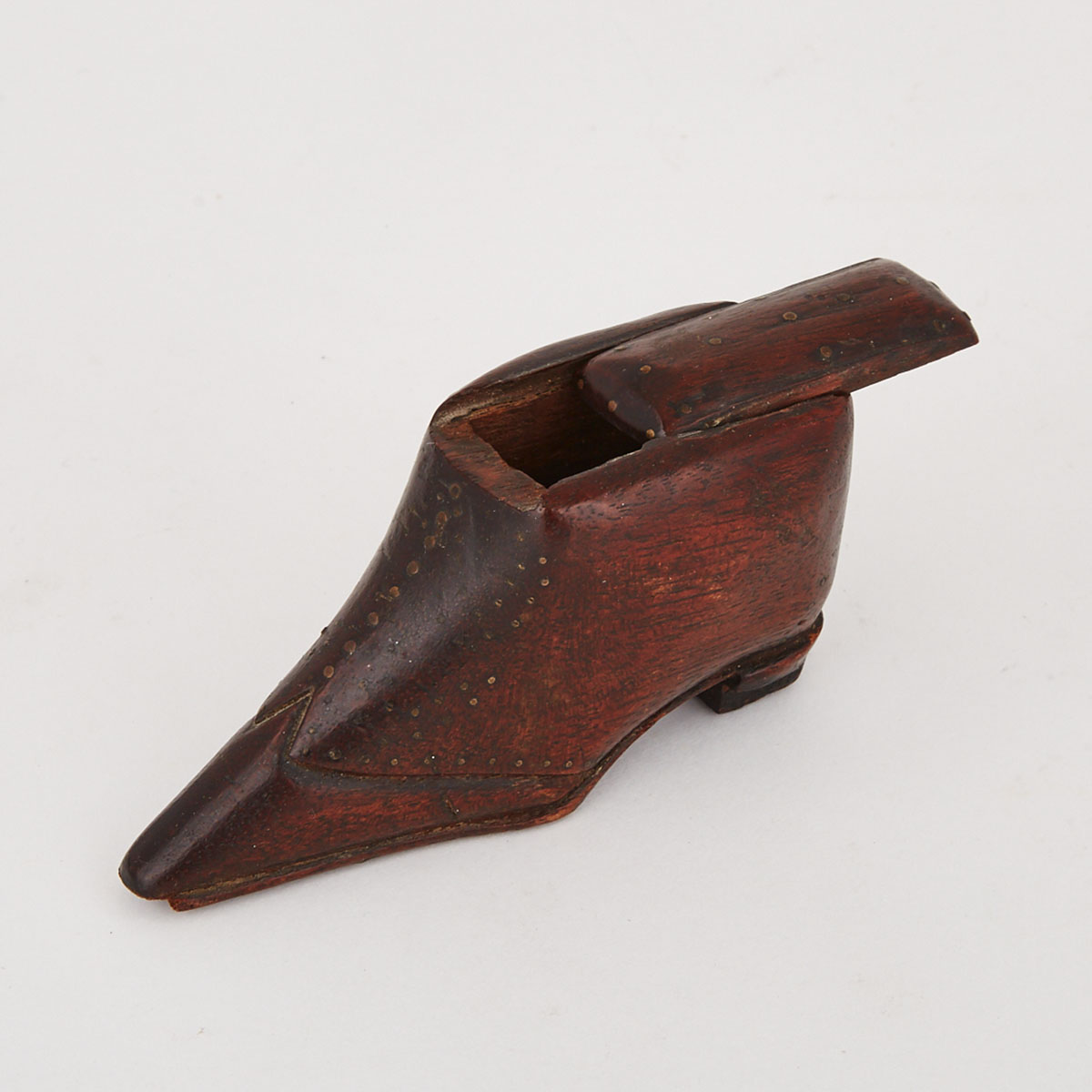 Victorian Carved Mahogany Miniature Shoe Form Snuff Box, mid 19th century