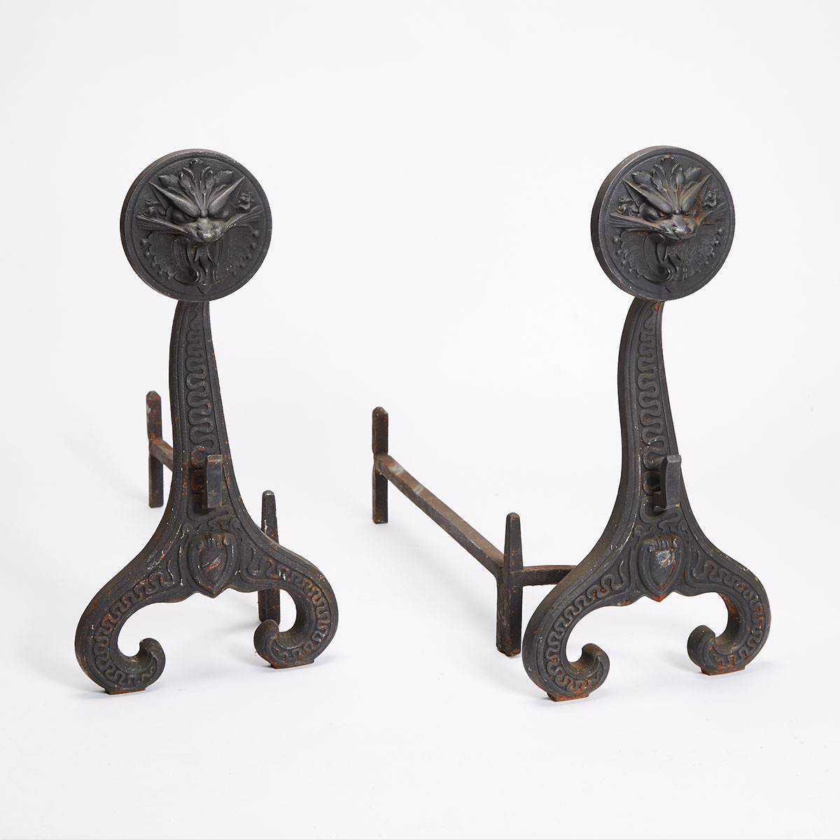 Pair of Bradley and Hubbard Cast Iron Firedogs, 19th/20th century