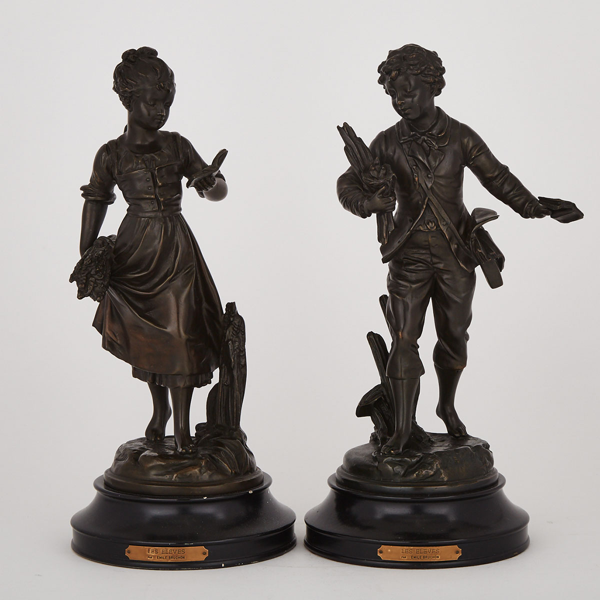 Pair of French Patinated Bronze Figures of Student Peasants, after Emile Bruchon, 20th century