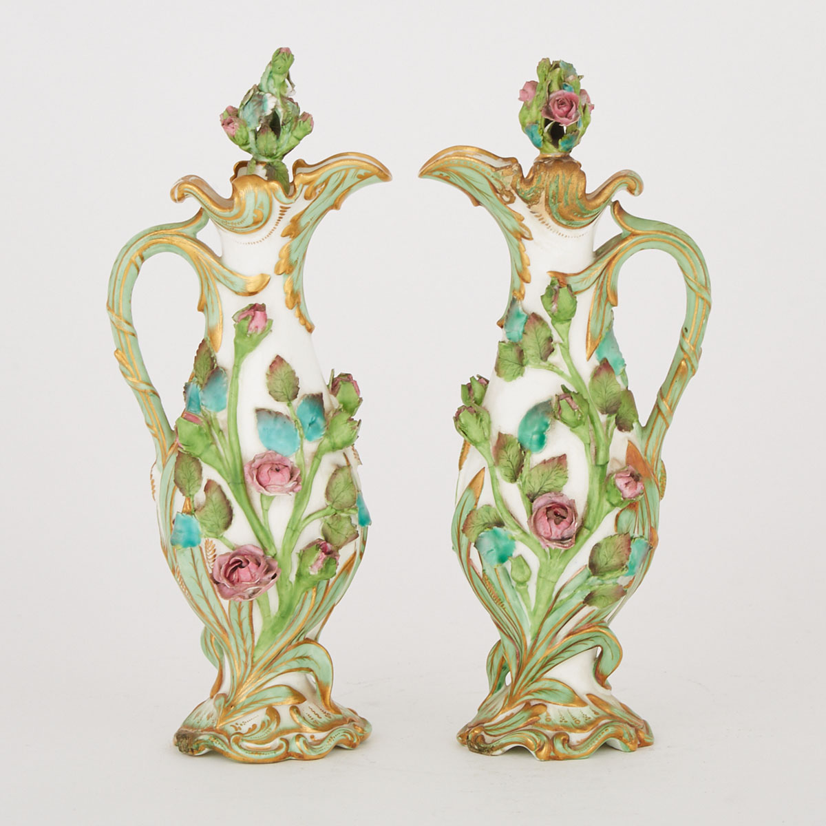 Pair of English Porcelain Coalbrookdale Style Flower-Encrusted Ewers with Stoppers, c.1840
