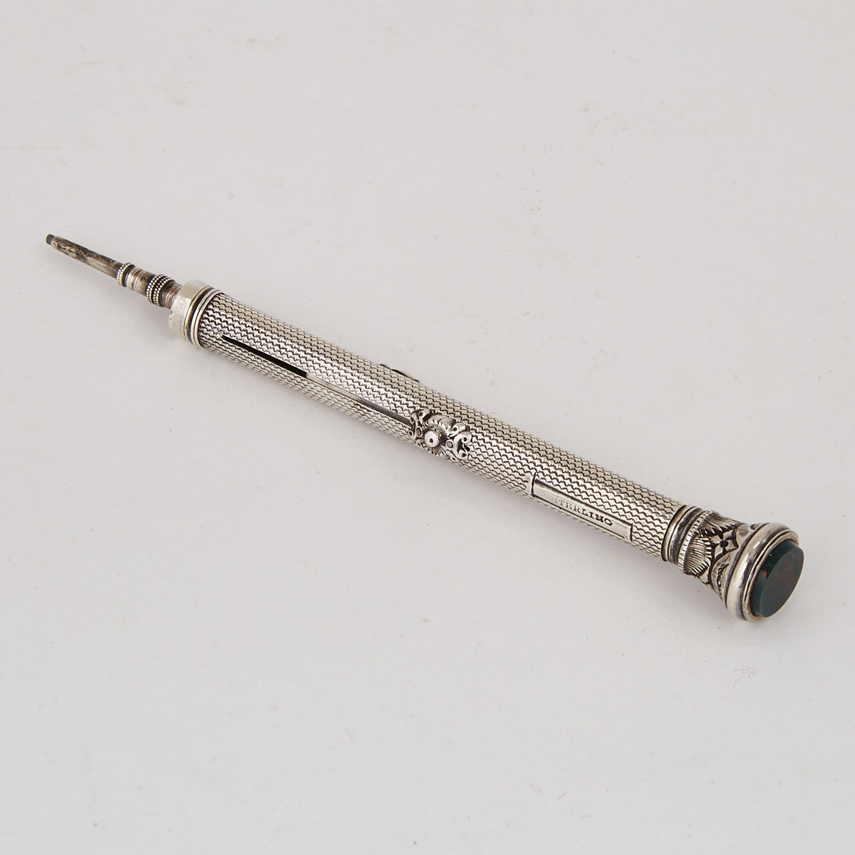 Edwardian Silver Mechanical Combination Pen and Pencil with Bloodstone Seal, c.1910