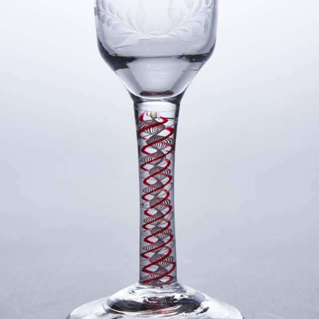 English Engraved Red Colour Twist Stemmed Wine Glass, c.1760-80
