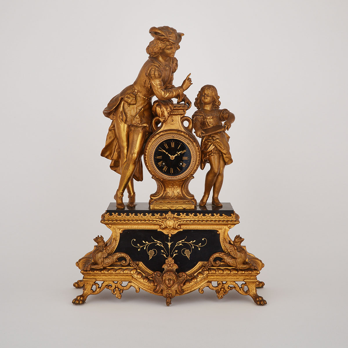 Large French Renaissance Revival Gilt Metal Figural Mantle Clock, c.1890 