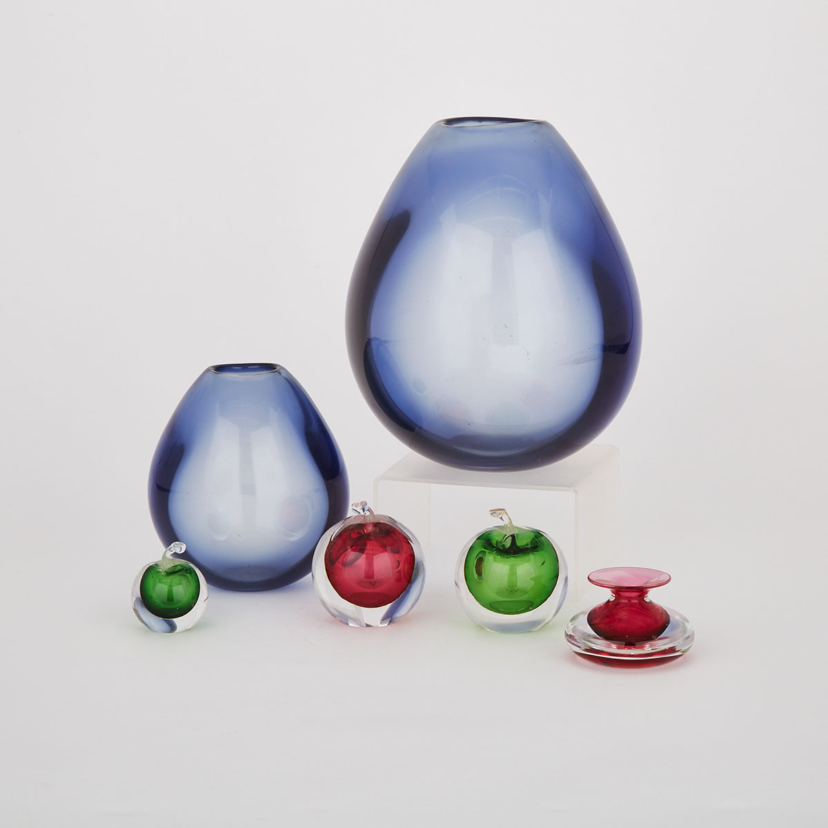 Two Holmegaard Blue Glass ‘Soap Bubble’ Vases, Per Lütken and Four Kosta Coloured Glass Perfume Bottles, Vicke Lindstrand, 1960s