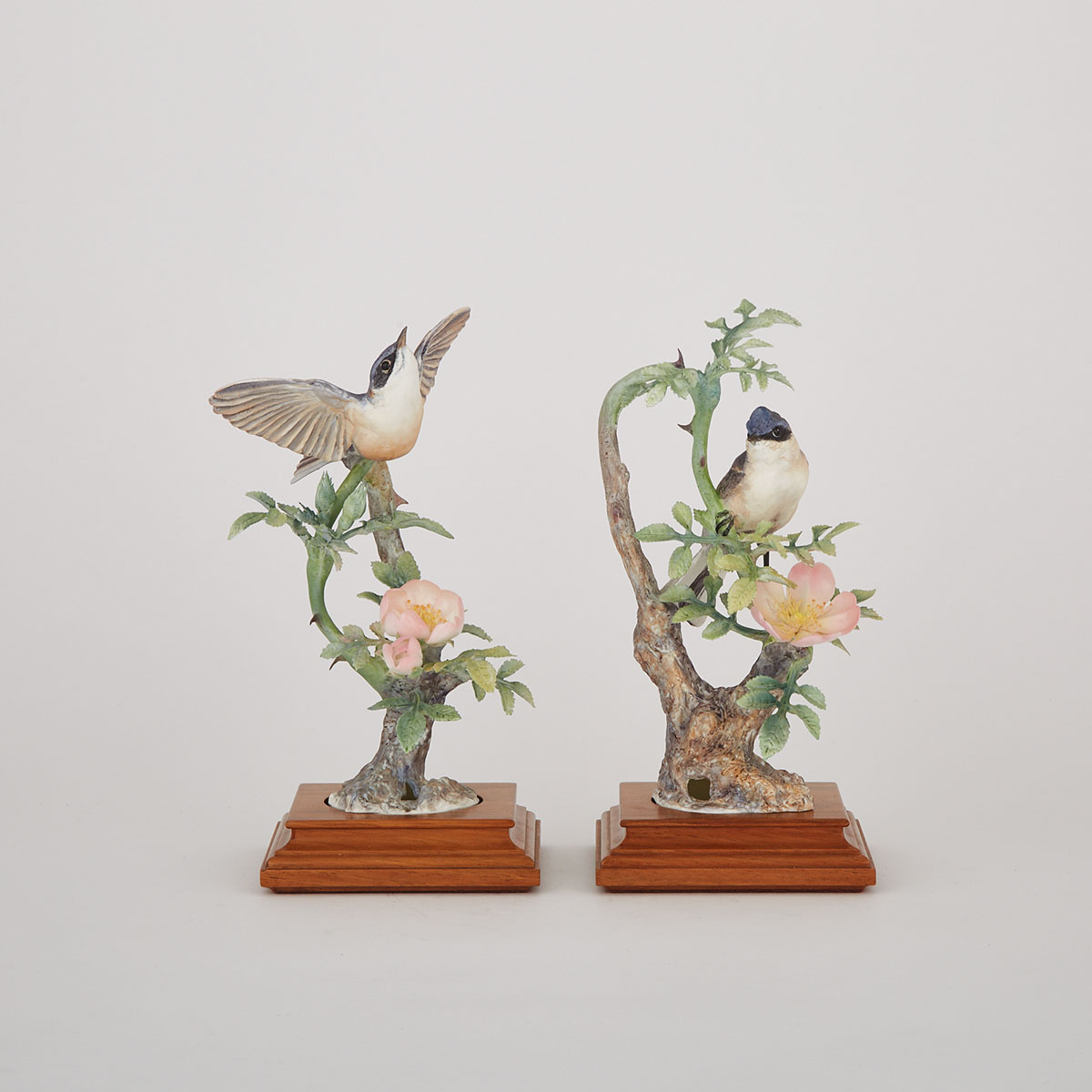 Pair of Royal Worcester ‘Lesser Whitethroat and Wild Rose’ Bird Models, Dorothy Doughty, 1964