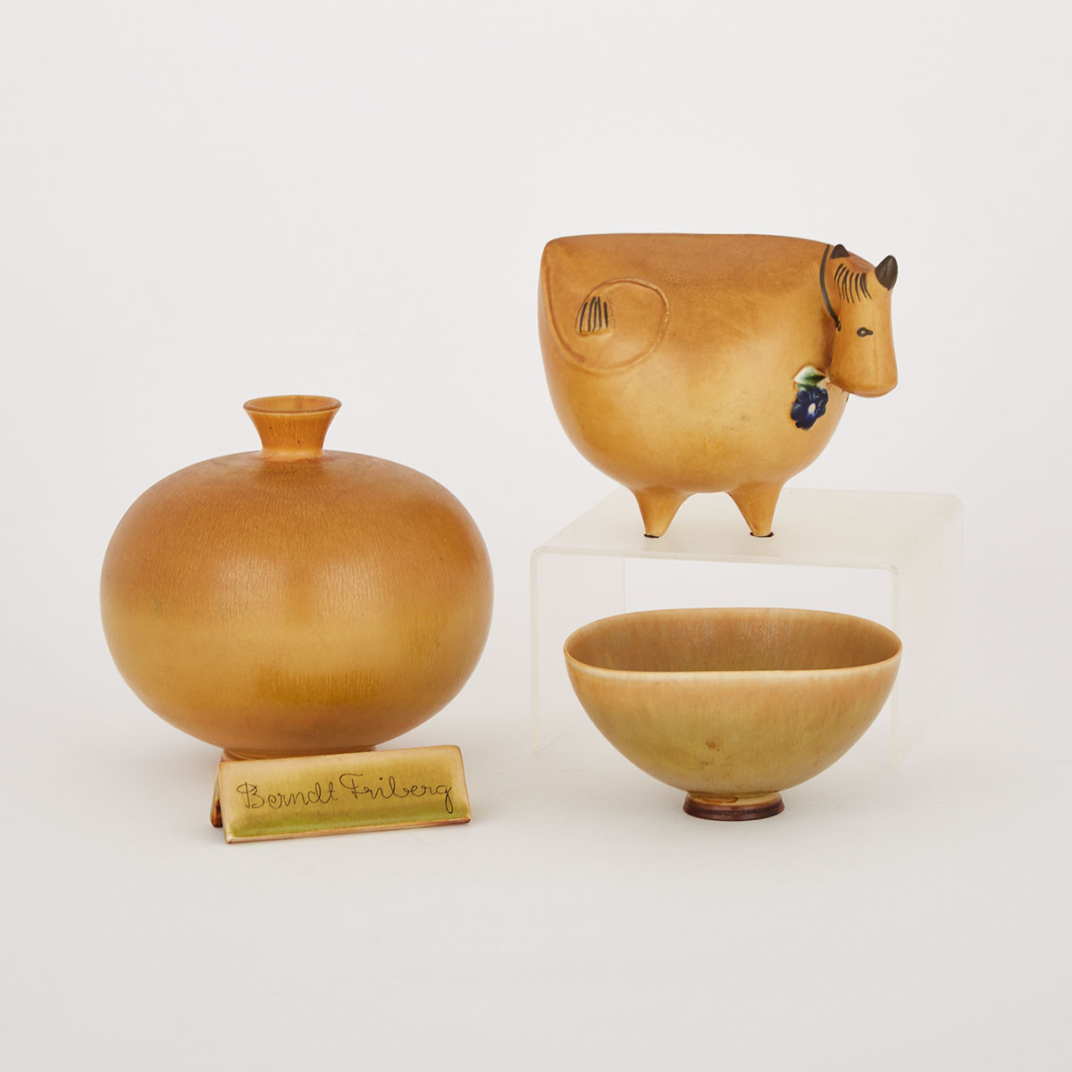 Berndt Friberg ‘Hare’s Fur’ Glazed Vase, Bowl and Display Plaque and Gustavsberg Cow, Lisa Larsen, 1960s
