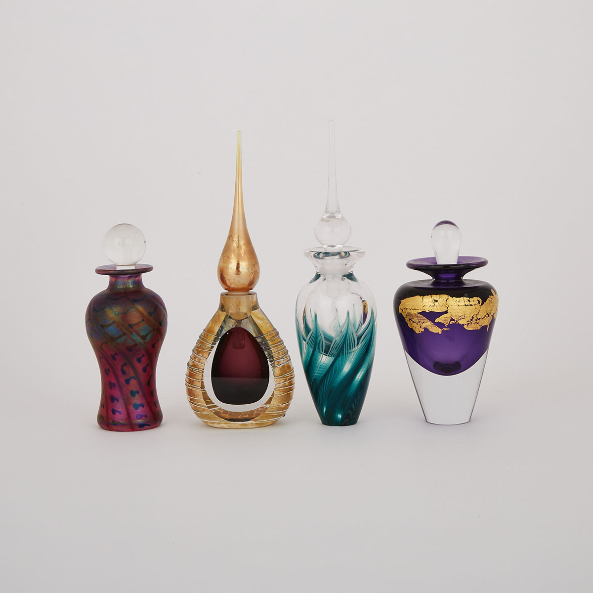 Four Studio Glass Perfume Bottles, Ed Roman, Roger Roland, Thomas Kelly and Robert Held, c.1990-2000