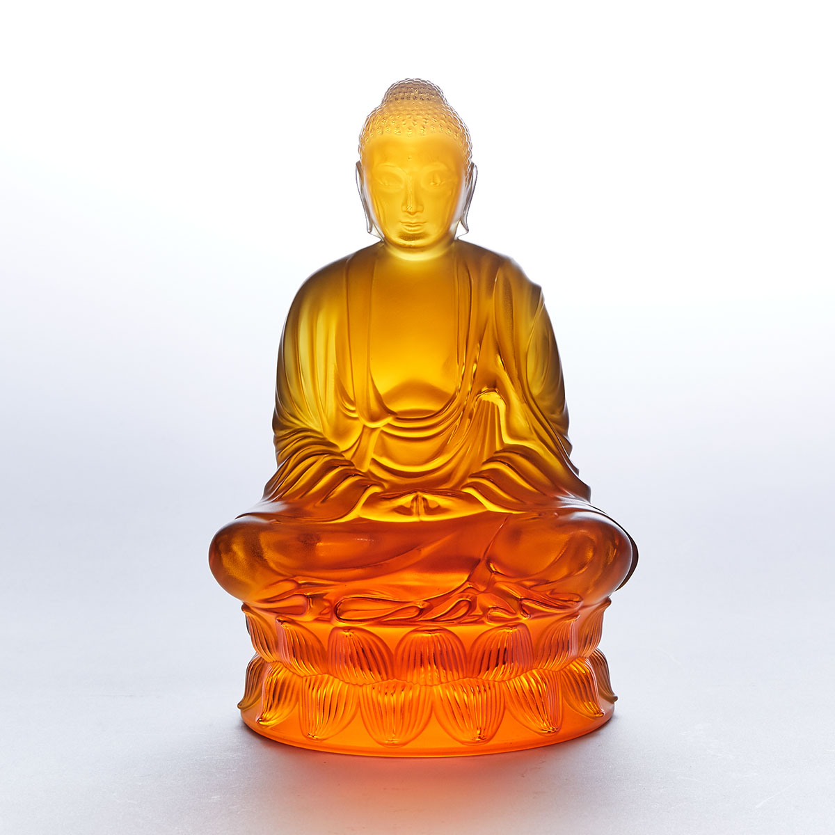‘Tall Buddha’, Lalique Moulded and Frosted Amber Glass Figure, 2006