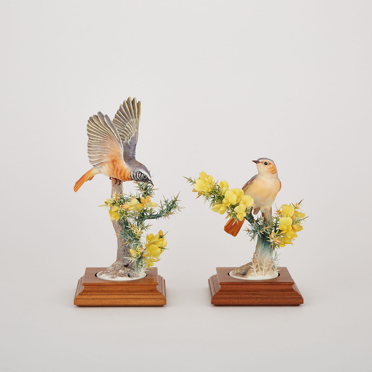 Pair of Royal Worcester ‘Redstart and Gorse’ Bird Models, Dorothy Doughty, 1968