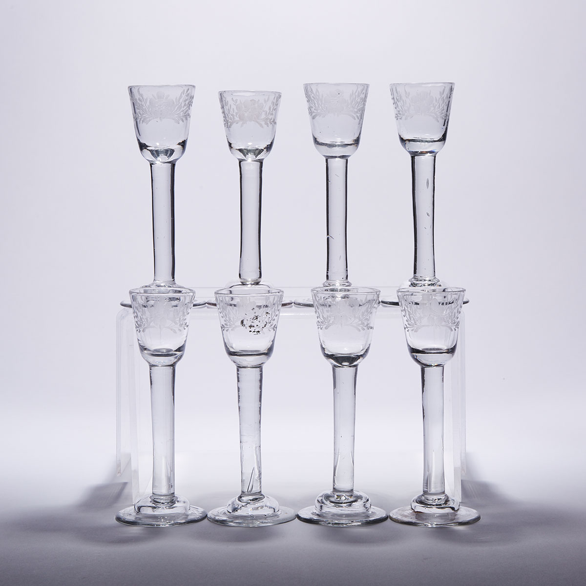 Set of Eight English Plain Stemmed Engraved Wine Glasses, mid-18th century