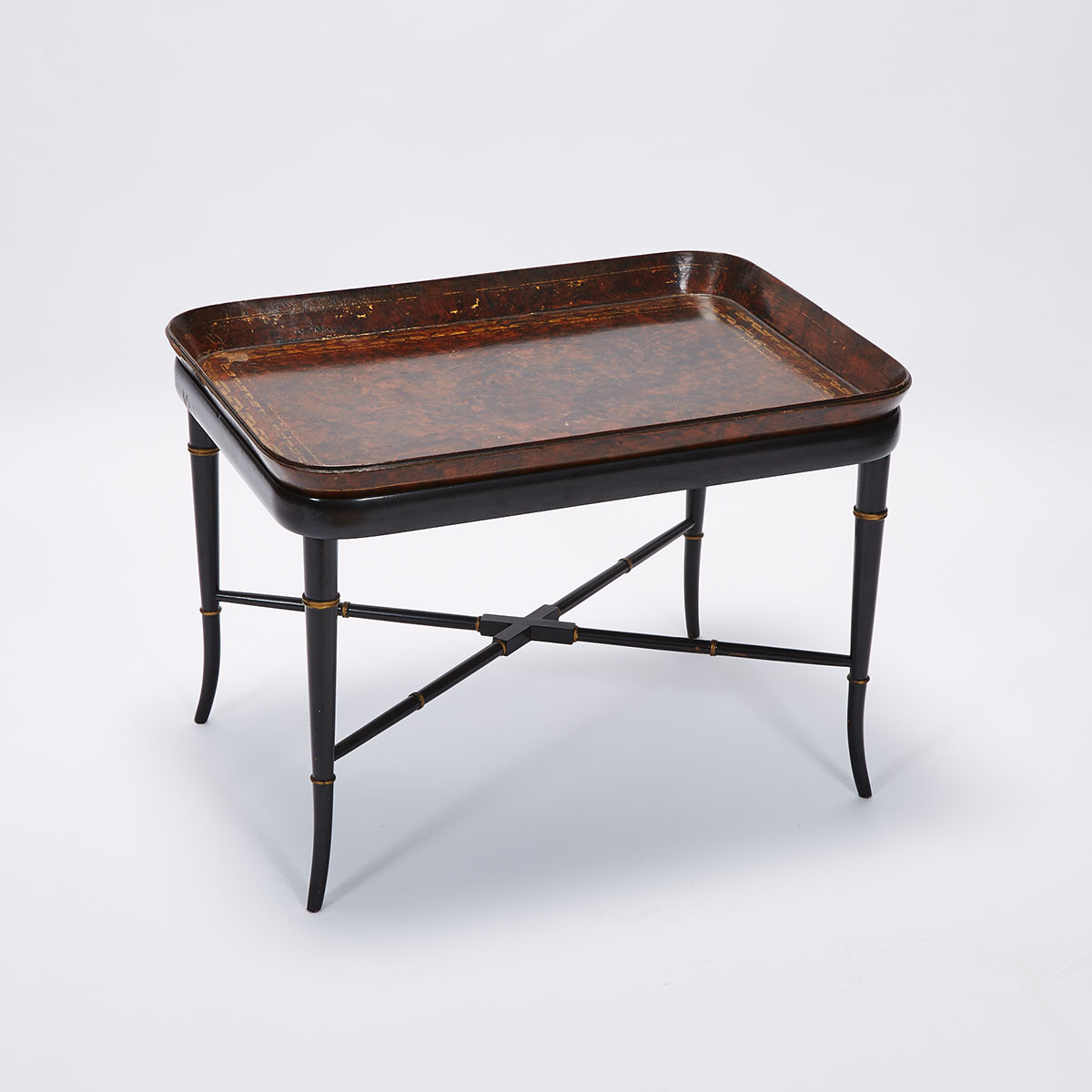 Victorian Faux Burl Walnut Papier Maché Tea Tray, 19th century, on Later Stand