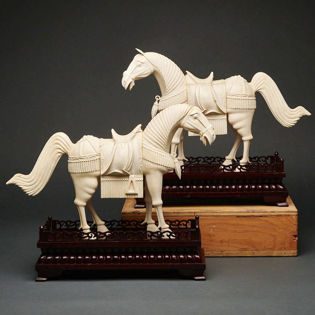 Pair of Chinese Export Carved Ivory Horses, mid 20th century