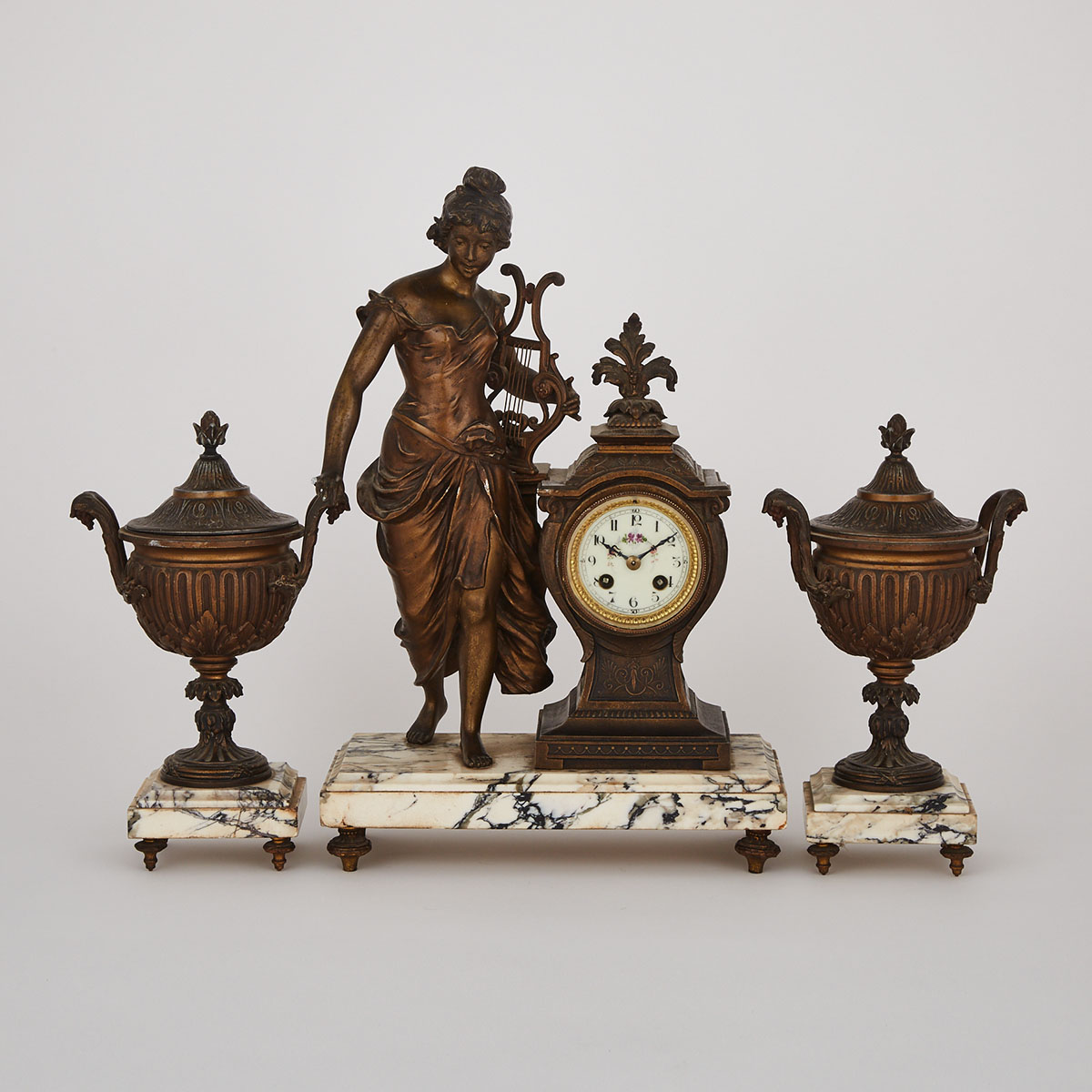 Napoleon III Patinated White Metal Three Piece Figural Mantle Clock Garniture, c.1900
