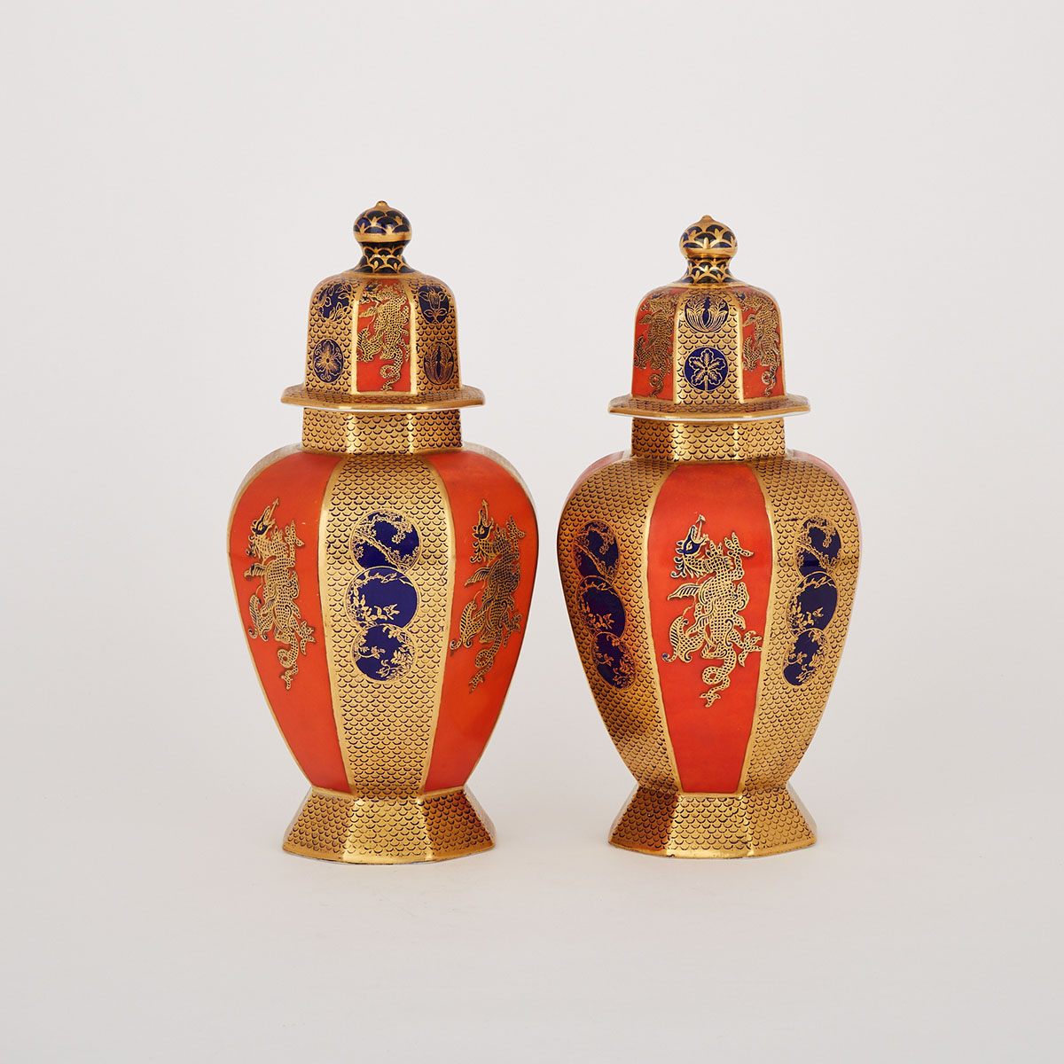 Pair of Mason’s Ironstone Covered Octagonal Vases, c.1900