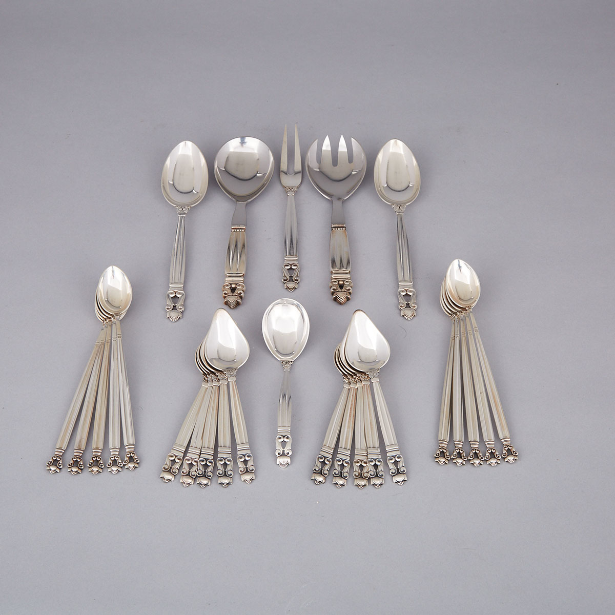 Danish Silver ‘Acorn’ Pattern Flatware, Johan Rohde for Georg Jensen, Copenhagen, 20th century