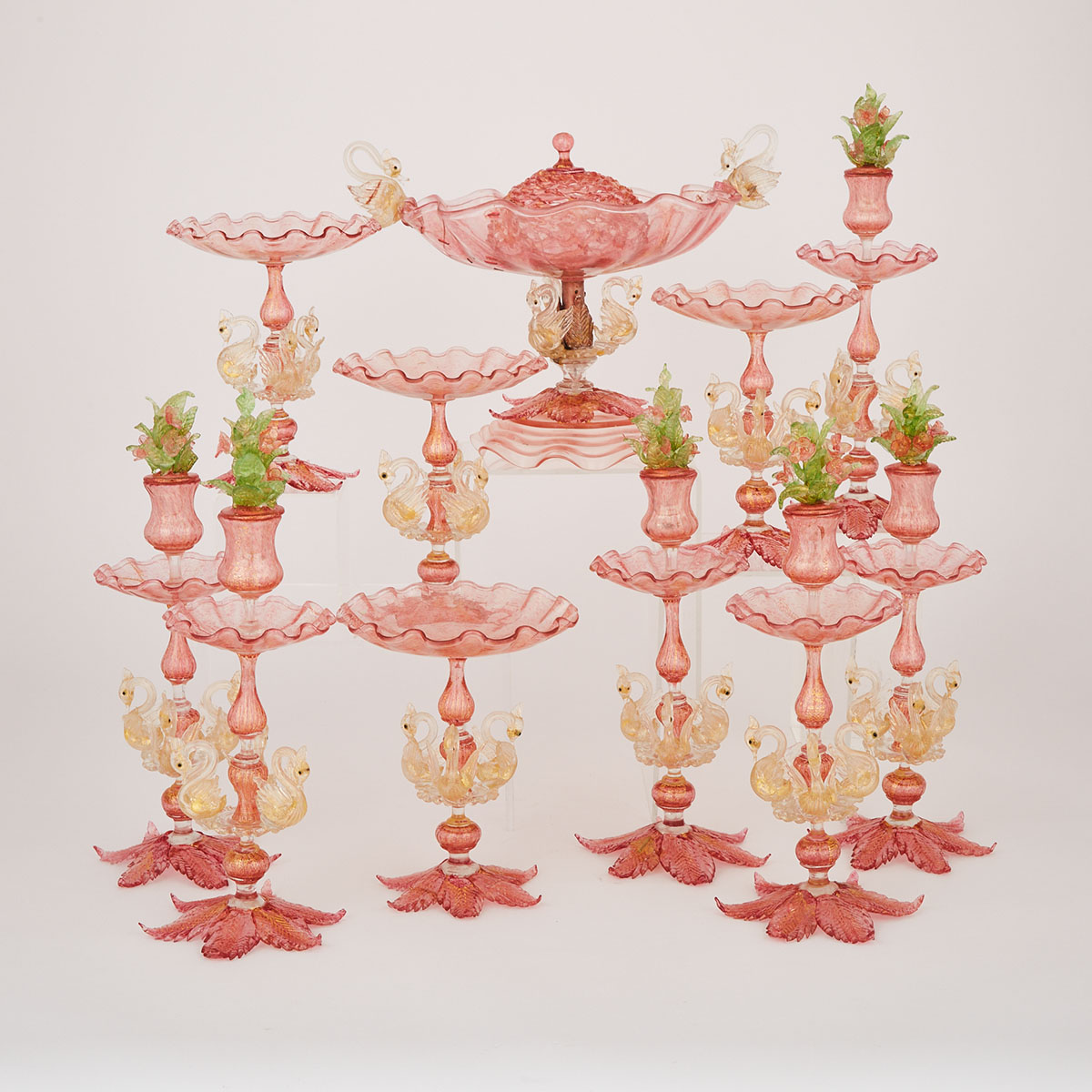 Venetian Pink and Gilt Glass Table Service, early 20th century