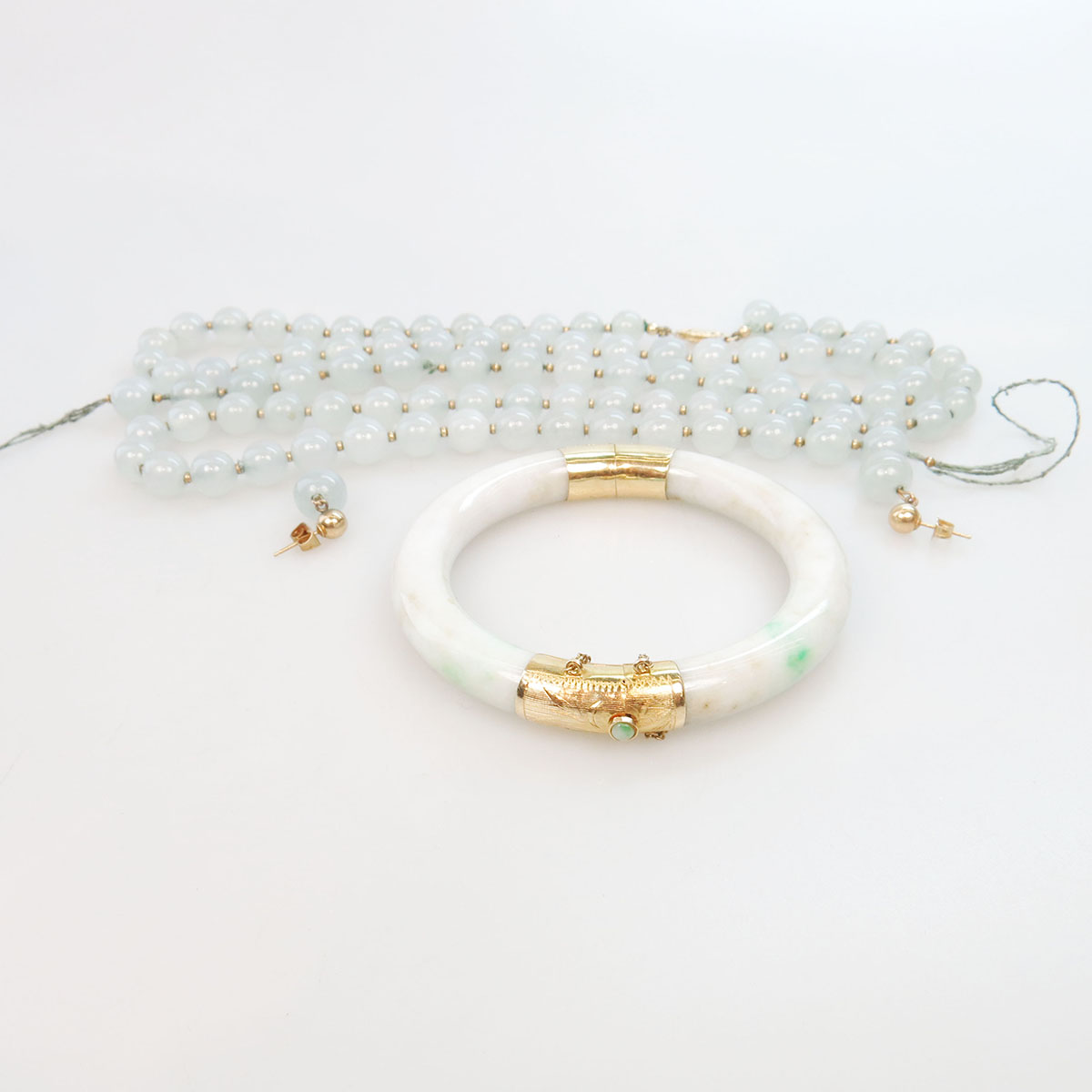 Jadeite Bangle, Single Strand Bead Necklace & Bead Earrings