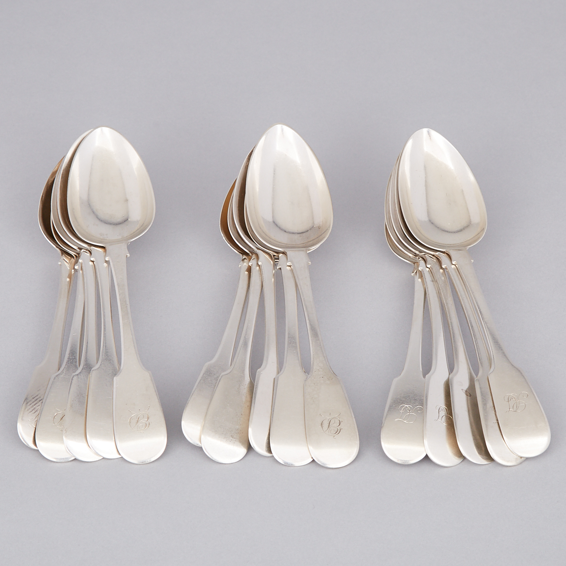 Fifteen Canadian Silver Fiddle Pattern Table Spoons, Laurent Amiot, Quebec City, Que., c.1820
