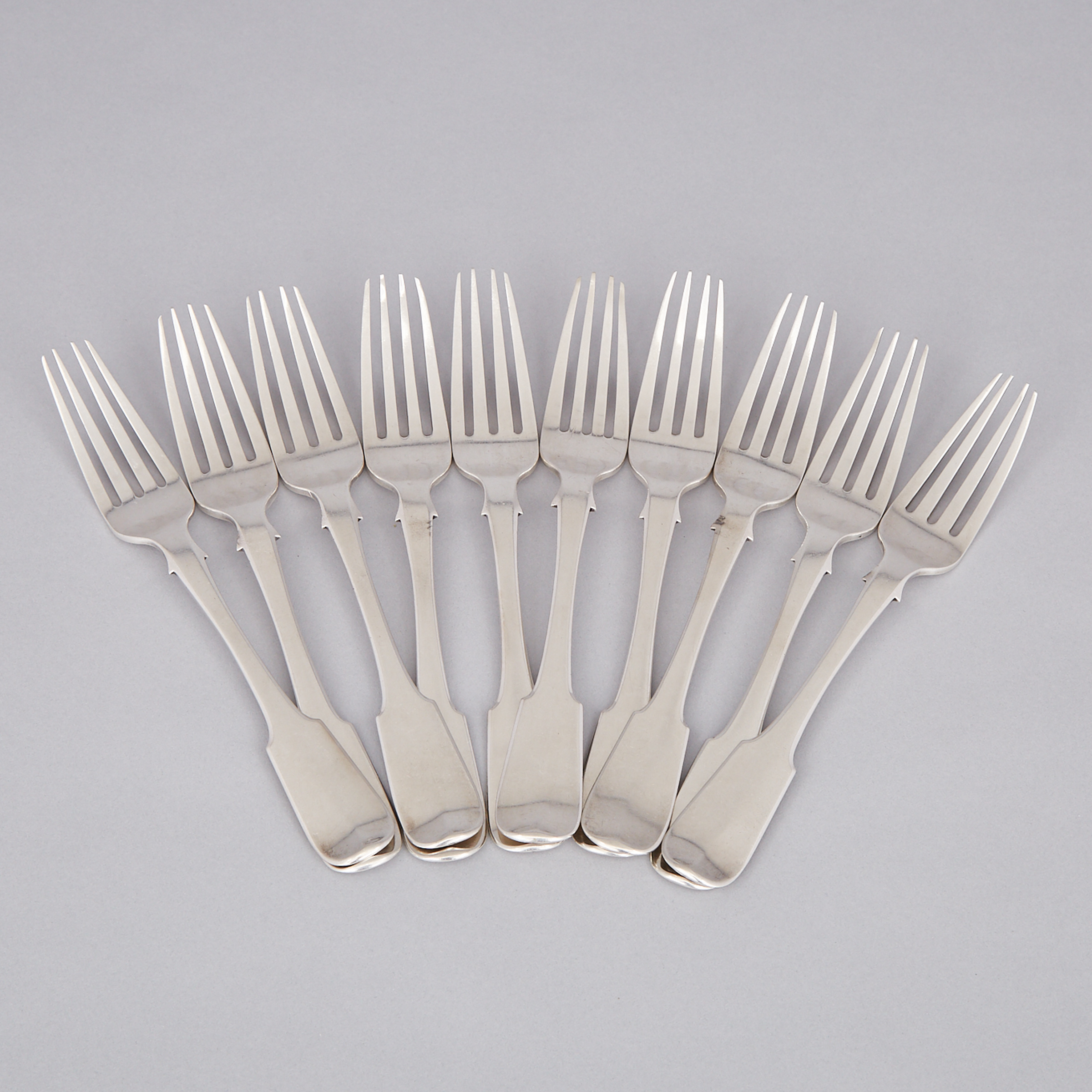 Ten Canadian Silver Fiddle Pattern Table Forks, Louis Phillipe Boivin, Montreal, Que., c.1850