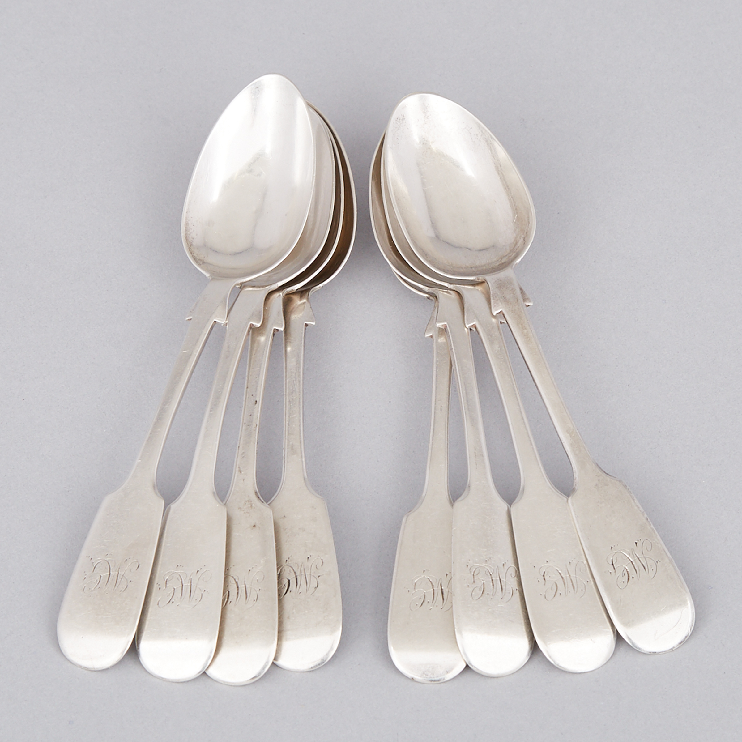 Eight Canadian Silver Fiddle Pattern Tea Spoons, Savage & Lyman, Montreal, Que., c.1867-78