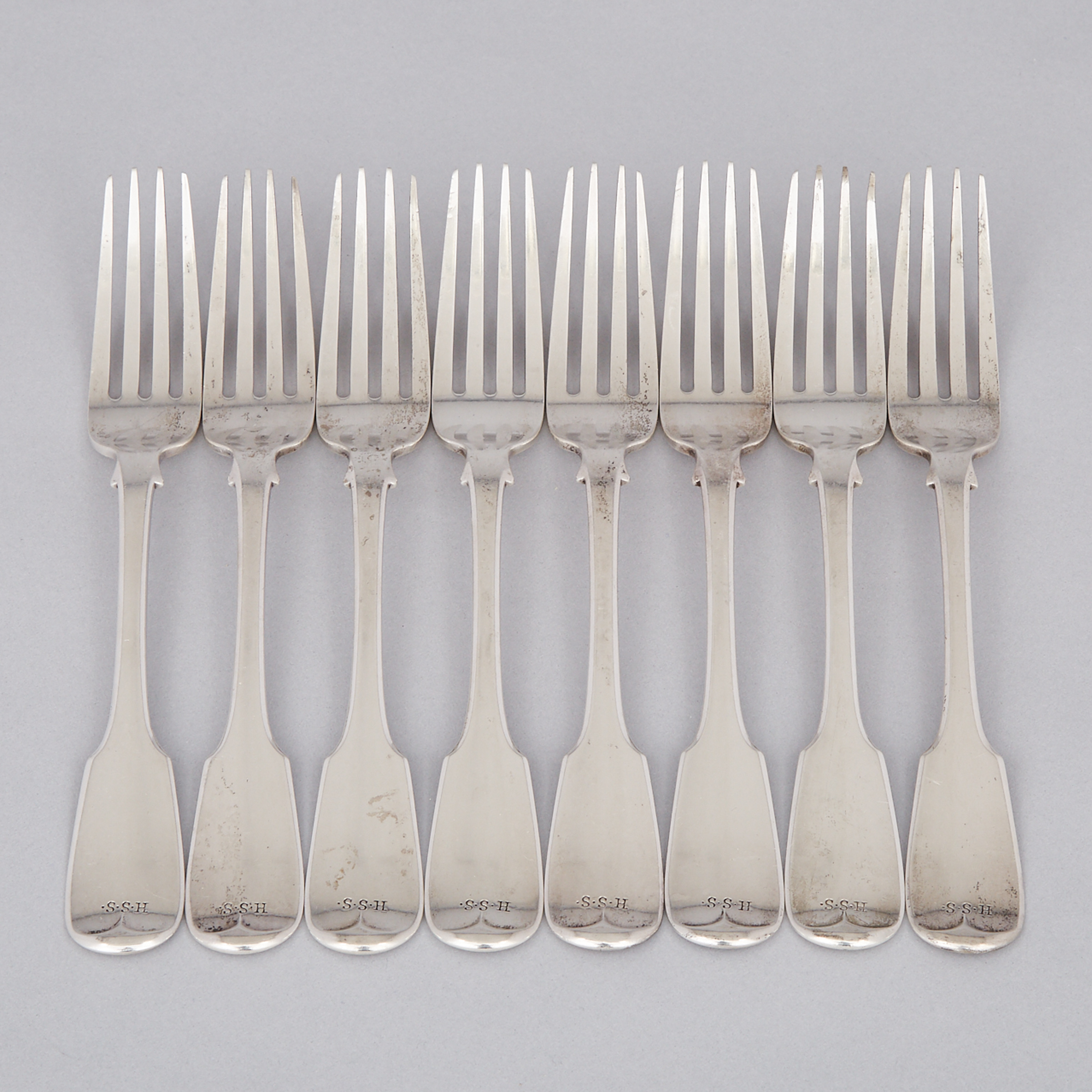 Eight Canadian Silver Fiddle Pattern Table Forks, Laurent Amiot, Quebec City, Que., c.1820