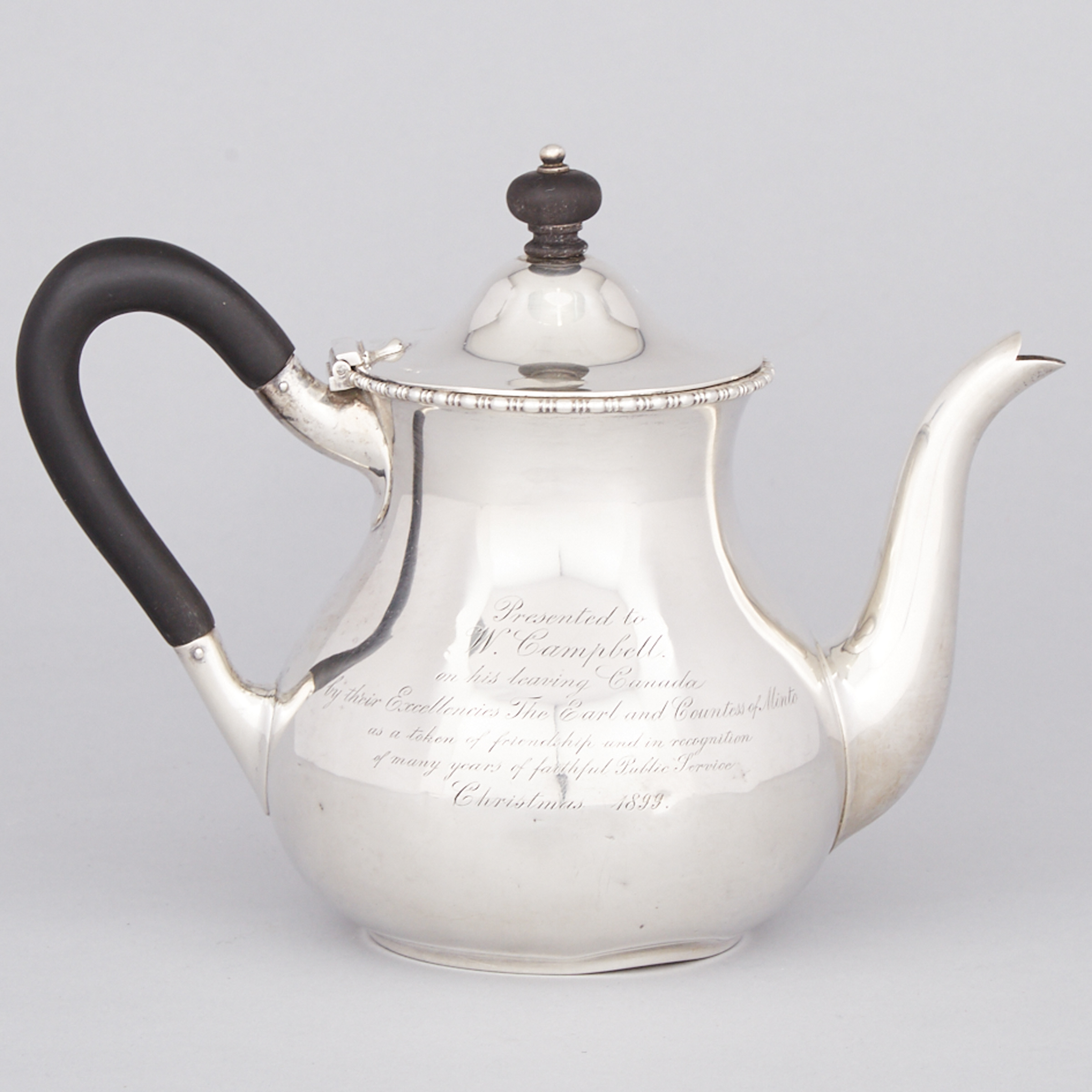 Canadian Silver Earl and Countess of Minto Presentation Teapot, Henry Birks & Sons, Montreal, Que., 1899