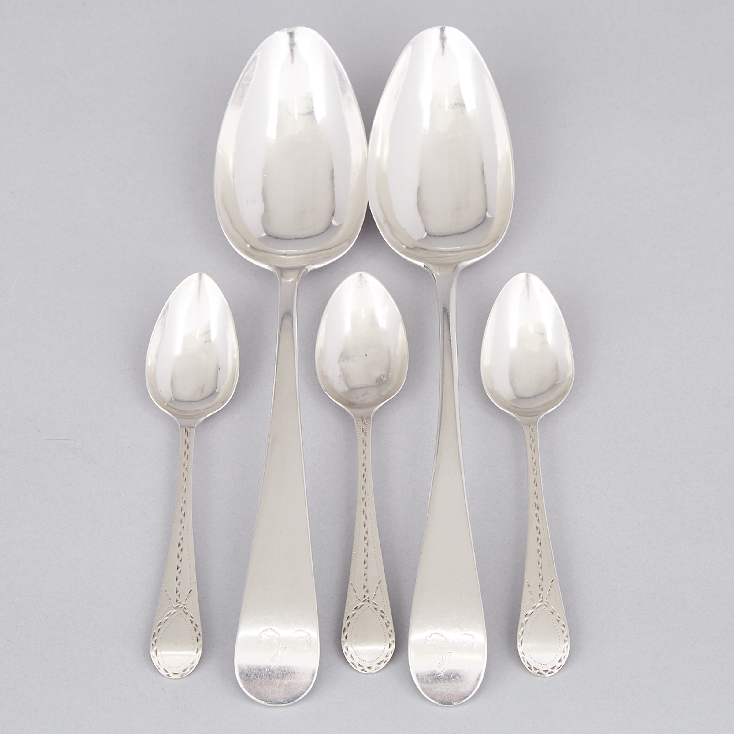Pair of Canadian Silver Old English Pattern Table Spoons and Three Bright-Cut Tea Spoons, possibly L. Halliday, Montreal, Que., early 19th century