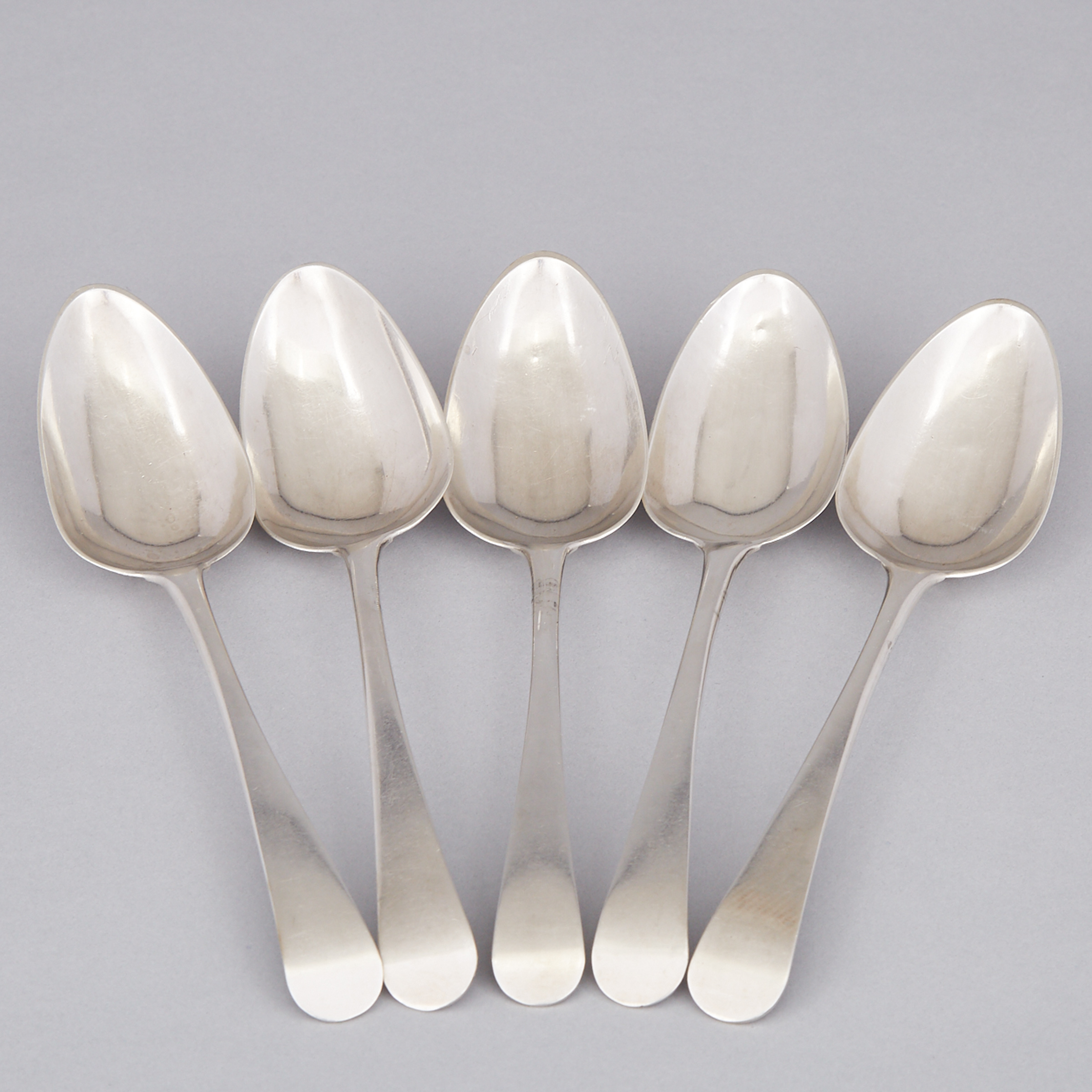 Five Canadian Silver Old English Pattern Table Spoons, Michel Fortin, Quebec, Que., c.1800