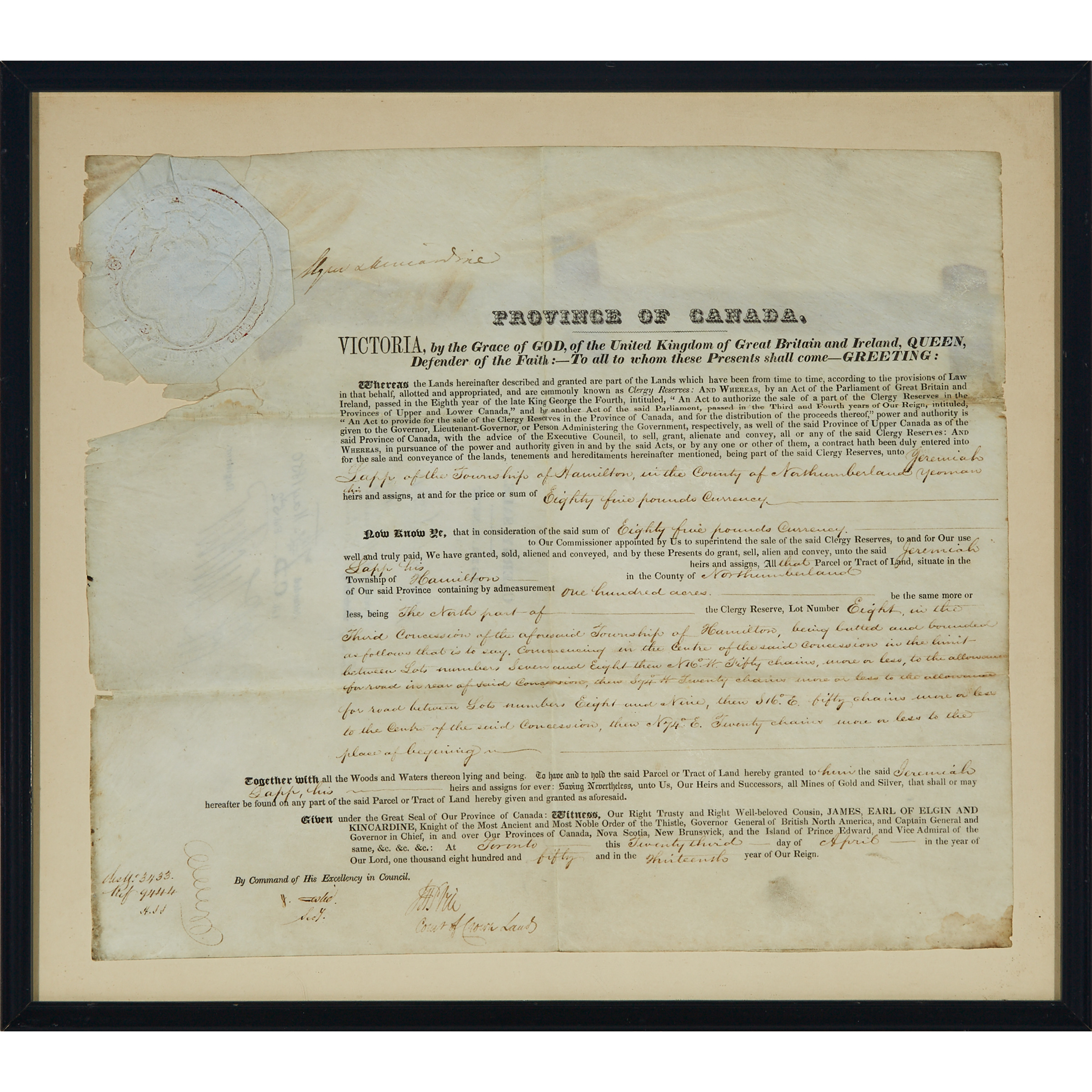 Victorian Province of Canada, Northumberland County Land Grant to Joseph Sapp, 1850
