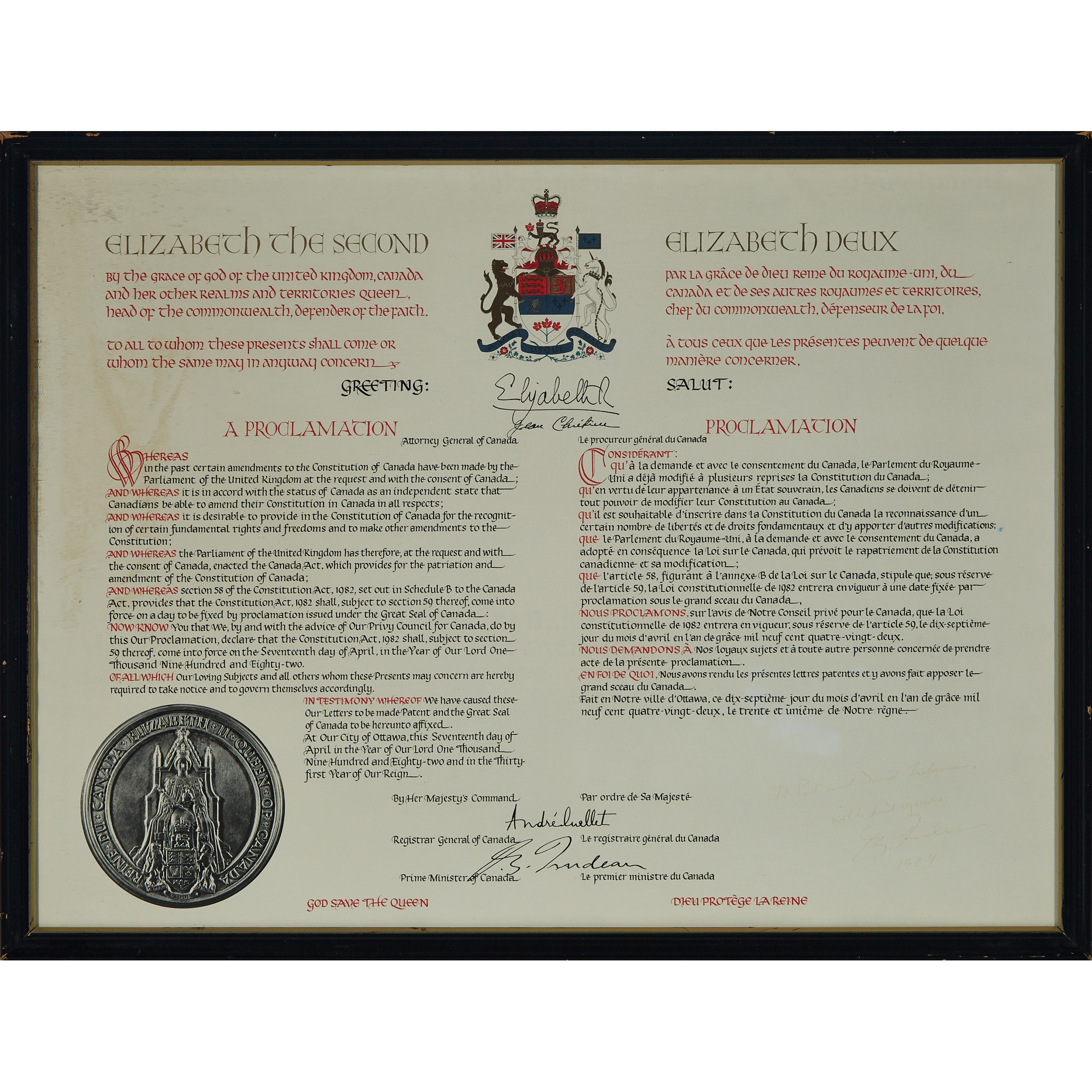 Facsimile of Elizabeth II Proclamation of the Canadian Constitution Act, 1982