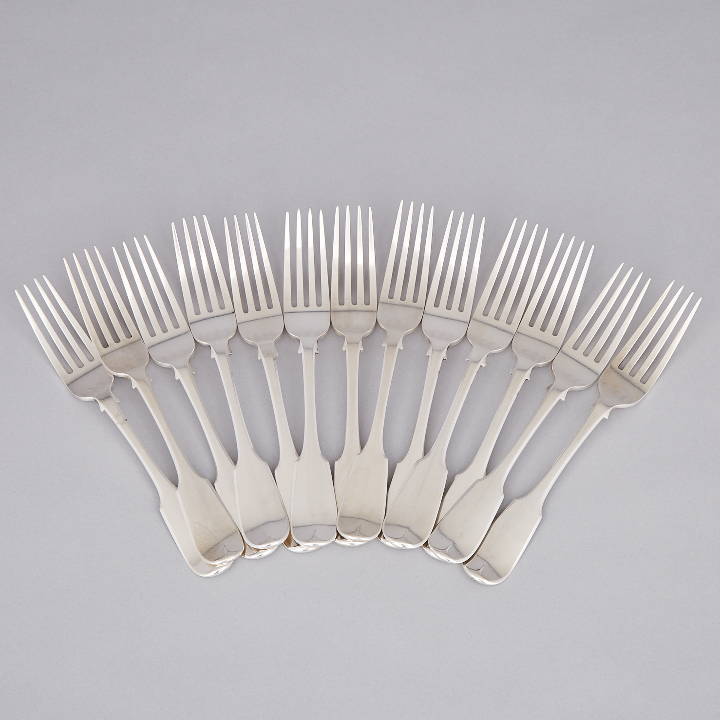 Thirteen Canadian Silver Fiddle Pattern Table Forks, François Sasseville, Quebec City, Que., mid-19th century 