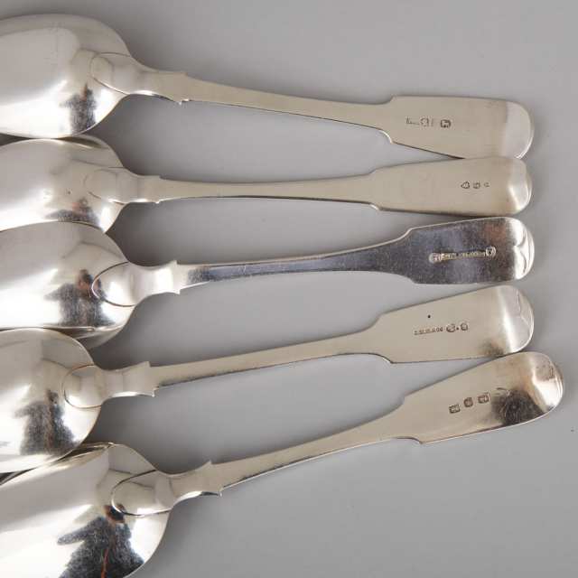 Five Canadian Silver Fiddle Pattern Table Spoons, 19th century