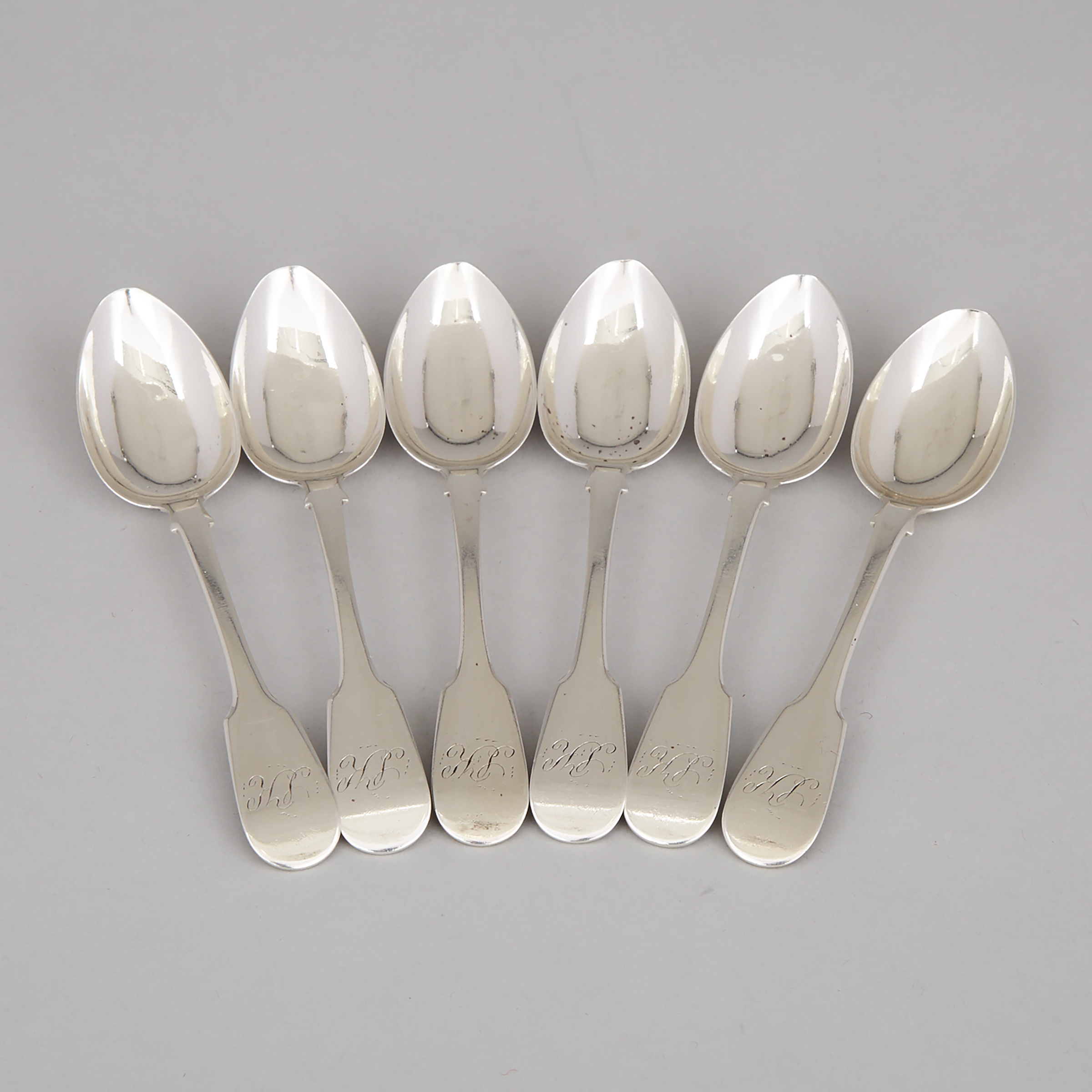 Six Canadian Fiddle Pattern Tea Spoons, Francois Sasseville, Quebec City, Que., mid-19th century