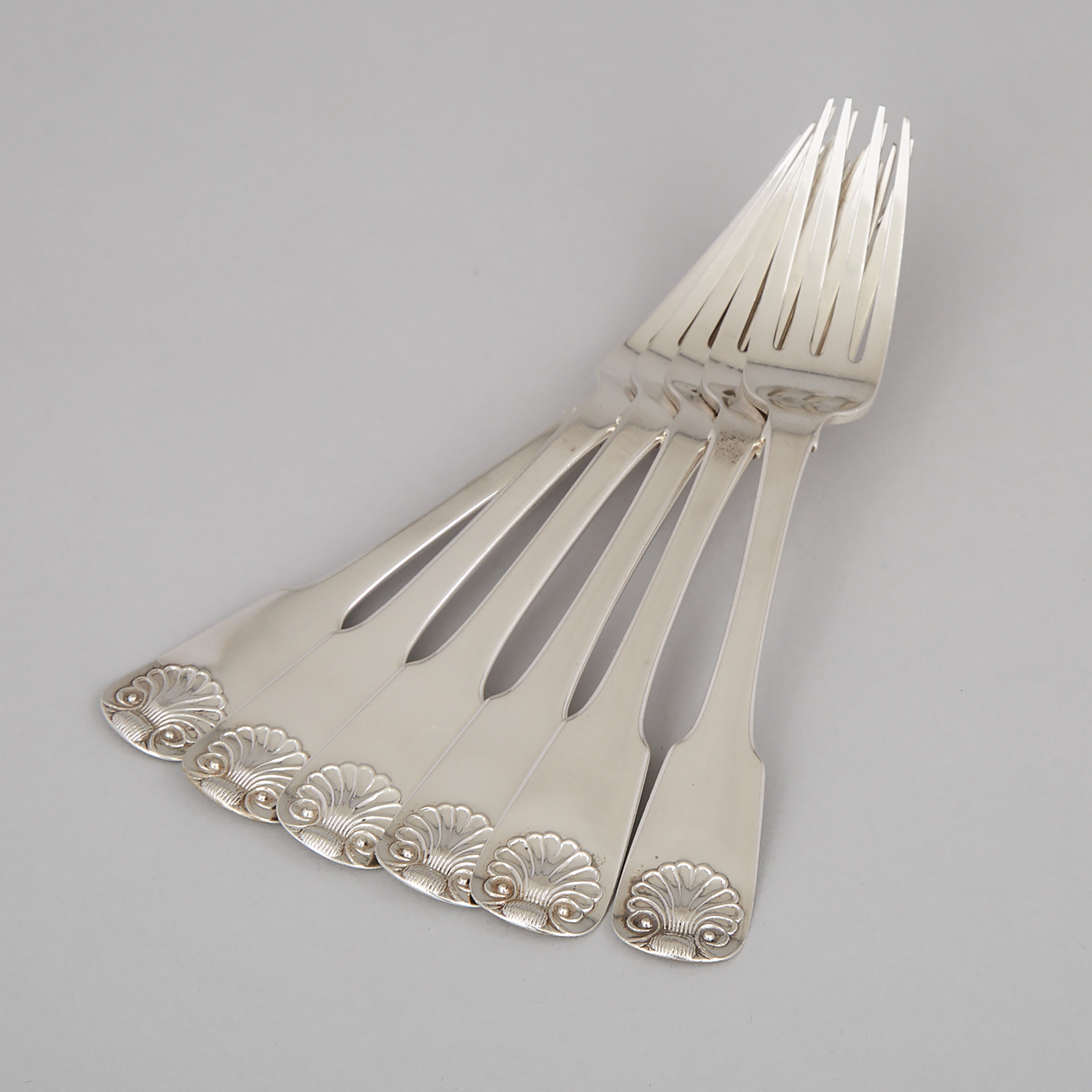 Six Canadian Silver Fiddle and Shell Pattern Table Forks, William Farquhar, Montreal, Que., c.1823-30