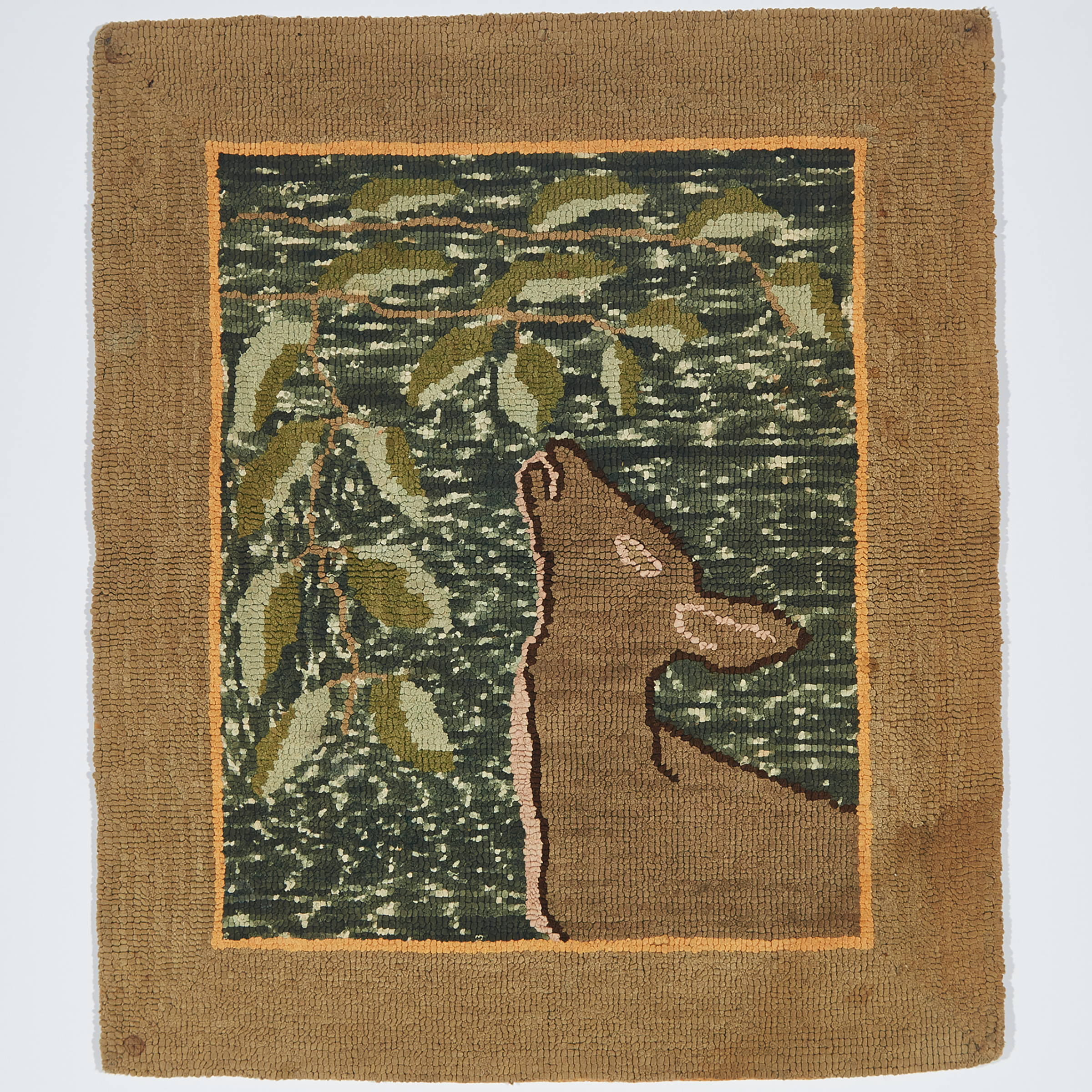 Grenfell Labrador Industries Hooked Mat Depicting a Deer Feeding on the Leaves of a Tree, c.1930