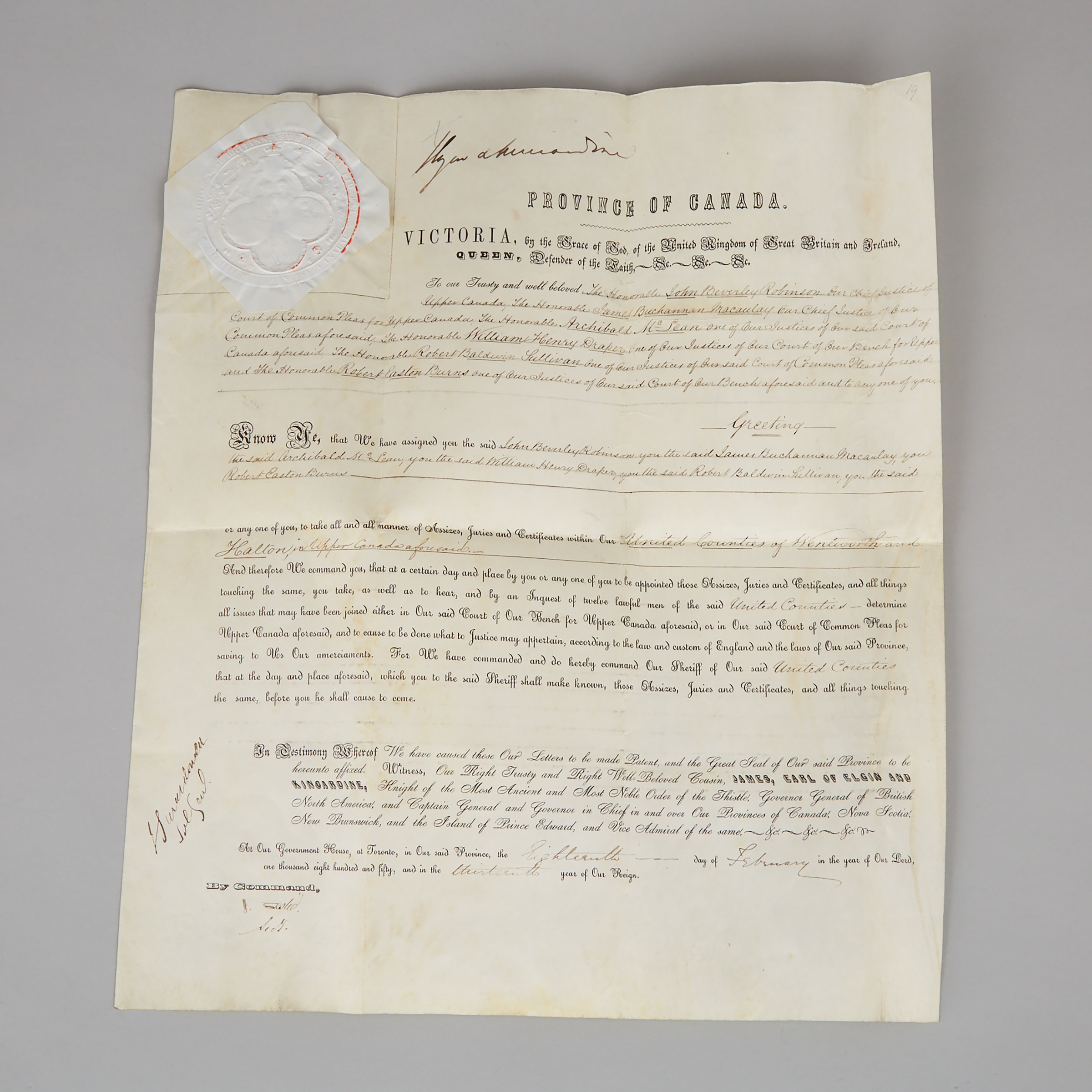 Province of Canada Letters Patent, February 18th, 1850