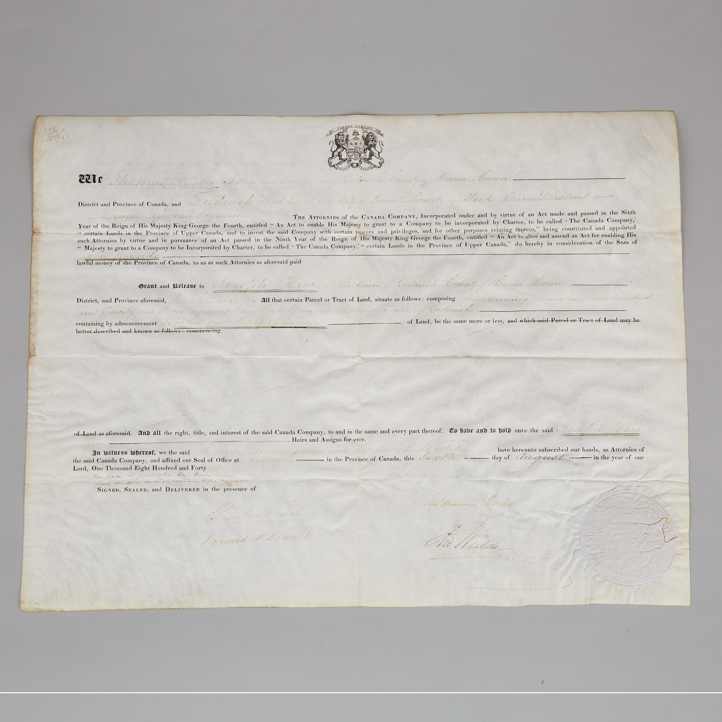 Canada Company Land Grant, 1845