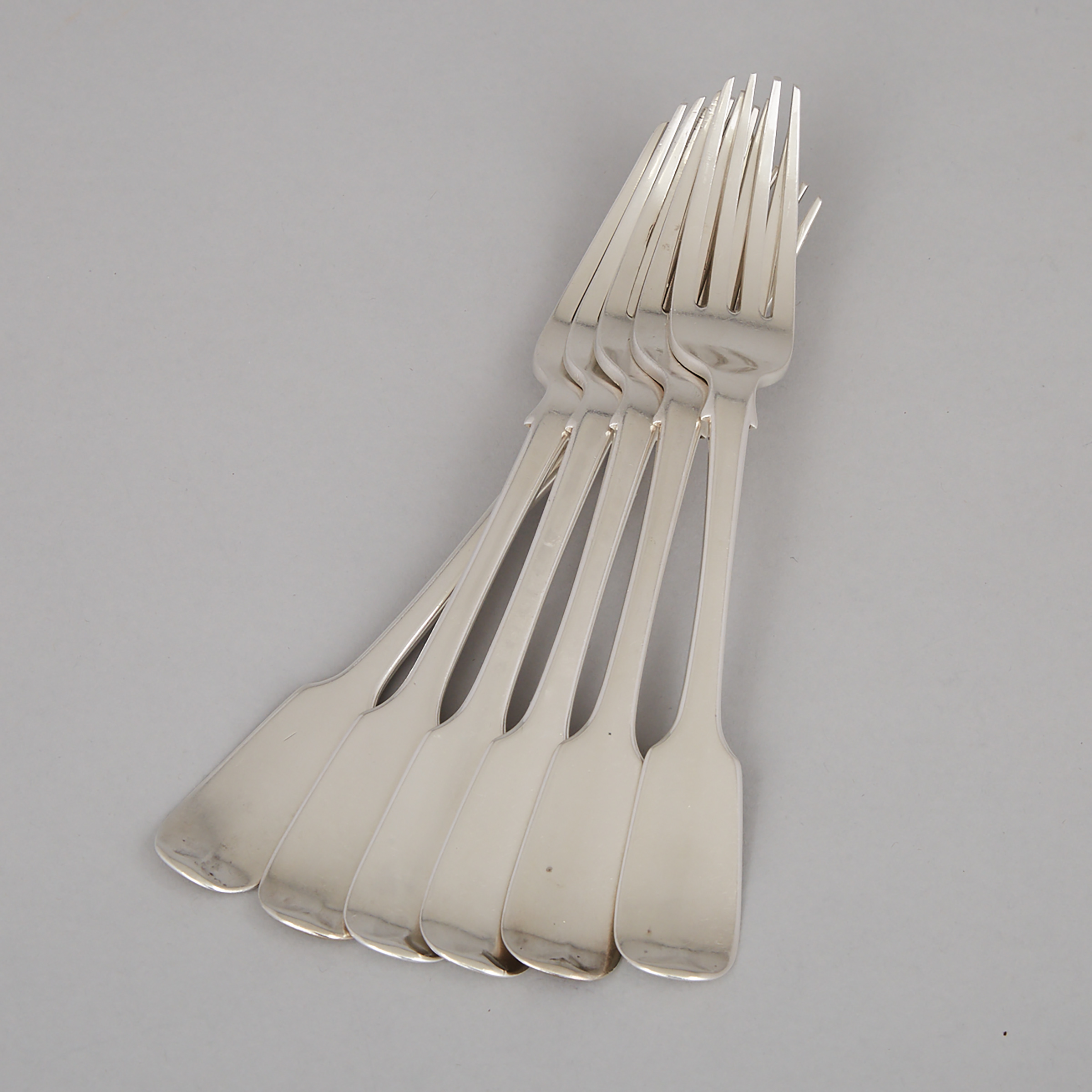 Six Canadian Silver Fiddle Pattern Table Forks, Henry Jackson, Toronto, Ont., c.1837-69