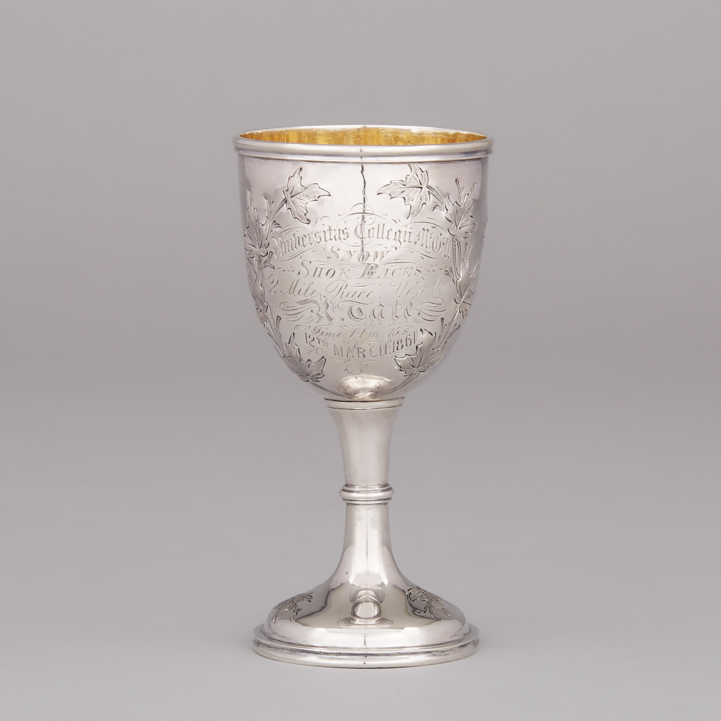 Canadian Silver McGill University Snow Shoe Trophy Cup, Robert Hendery, Montreal, Que., c.1860