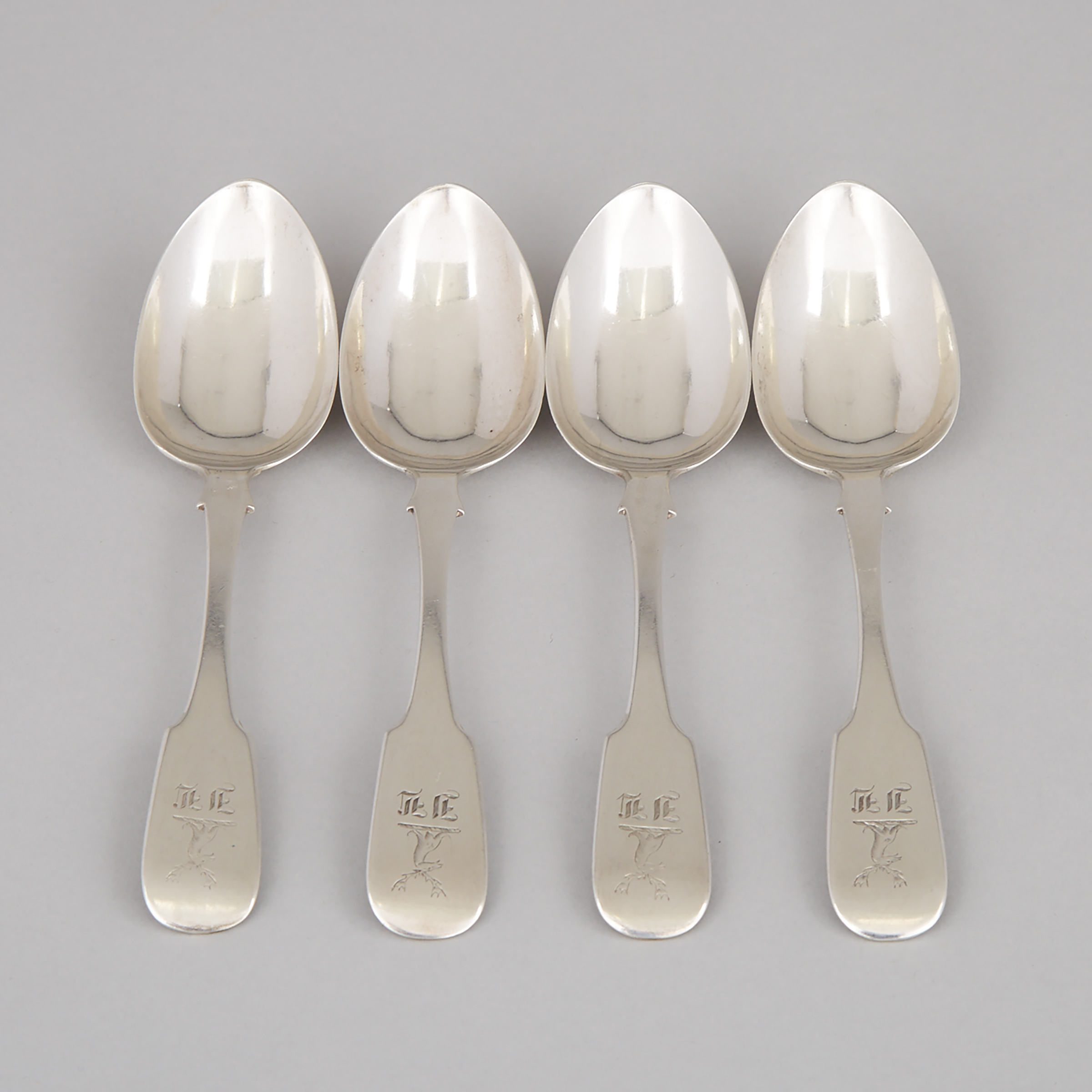 Four Canadian Silver Fiddle Pattern Dessert Spoons, Peter Bohle, Montreal, Que., c.1853-56