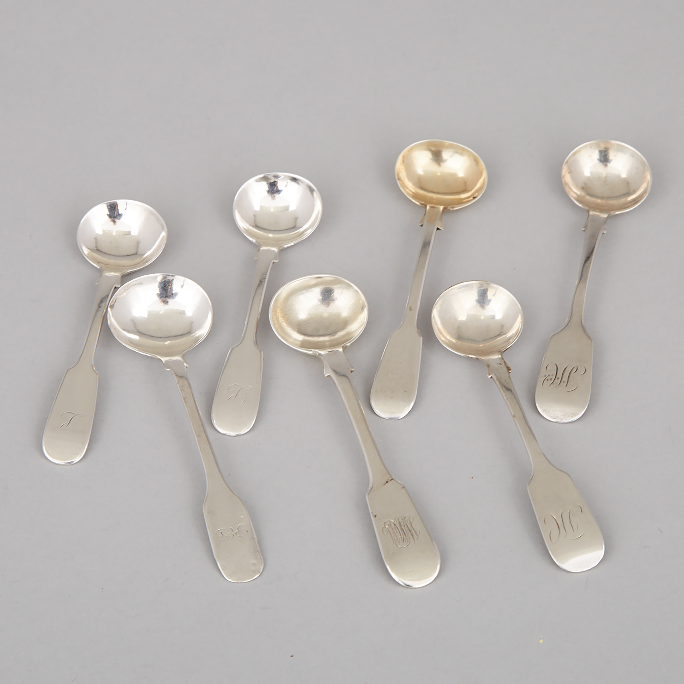 Seven Canadian Silver Fiddle Pattern Salt Spoons, 19th century