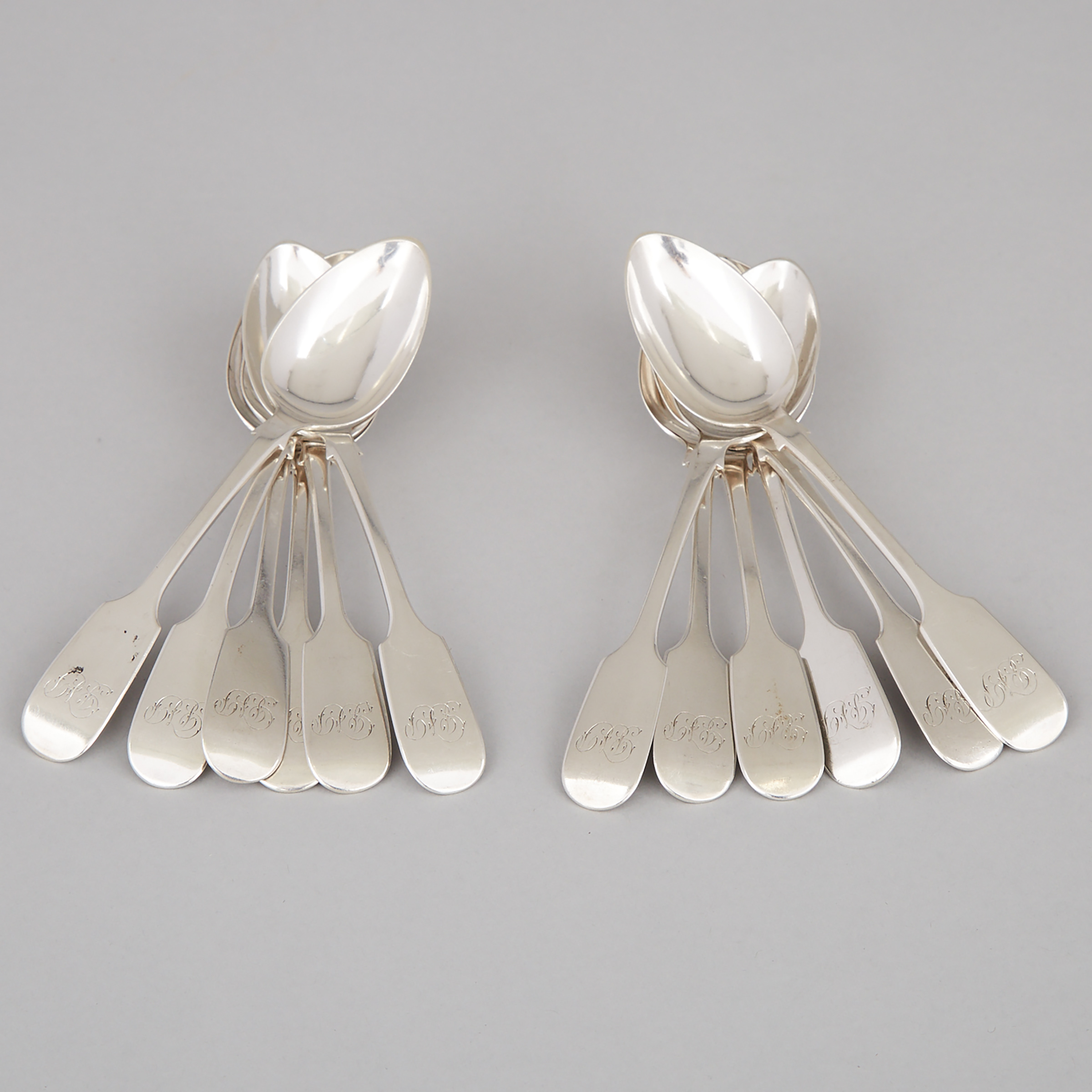 Twelve Canadian Silver Fiddle Pattern Tea Spoons, James E. Ellis, Toronto, Ont., c.1848-71