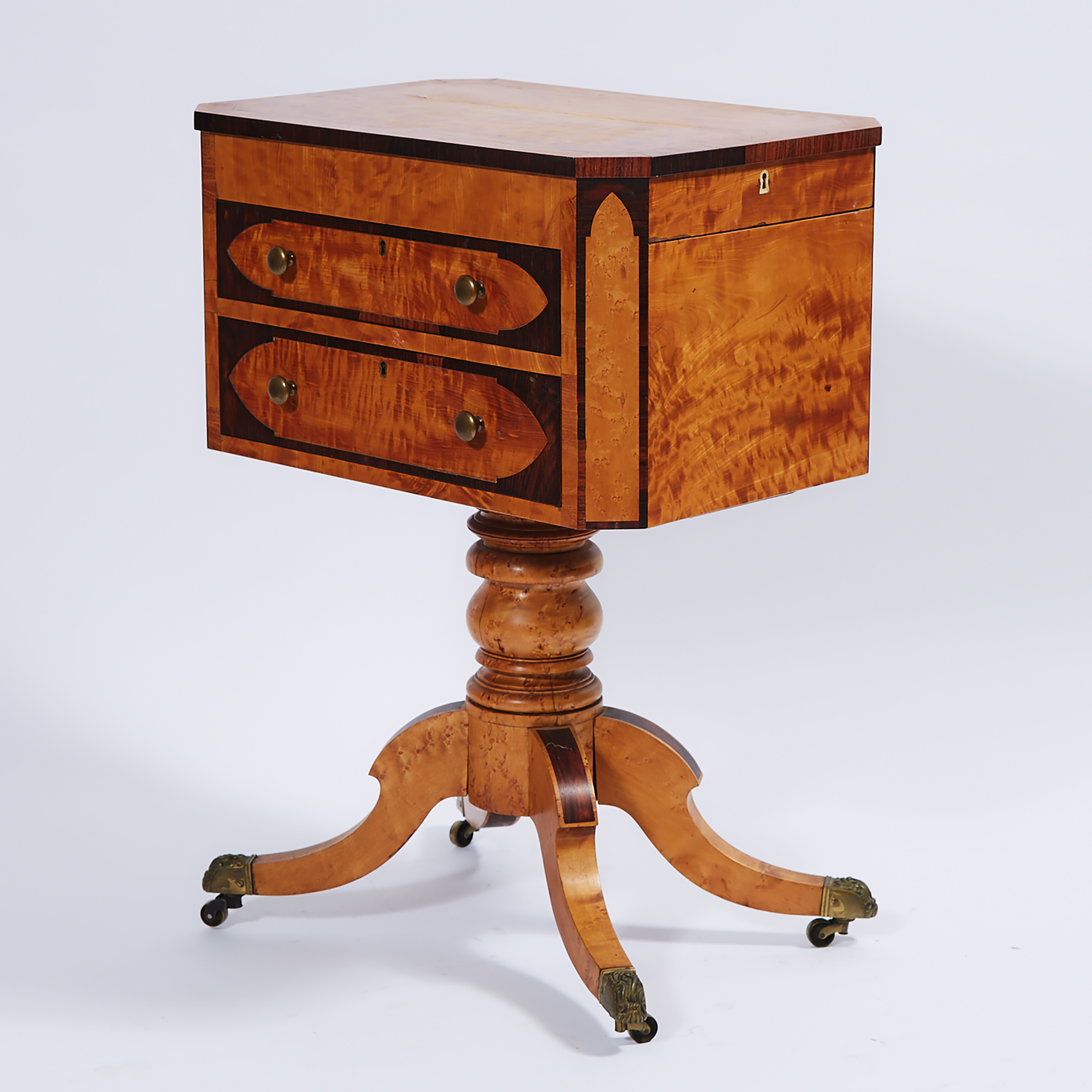 Ontario Neoclassical Rosewood and Figured Maple Pedestal Work Table, Eastern Counties, c.1830