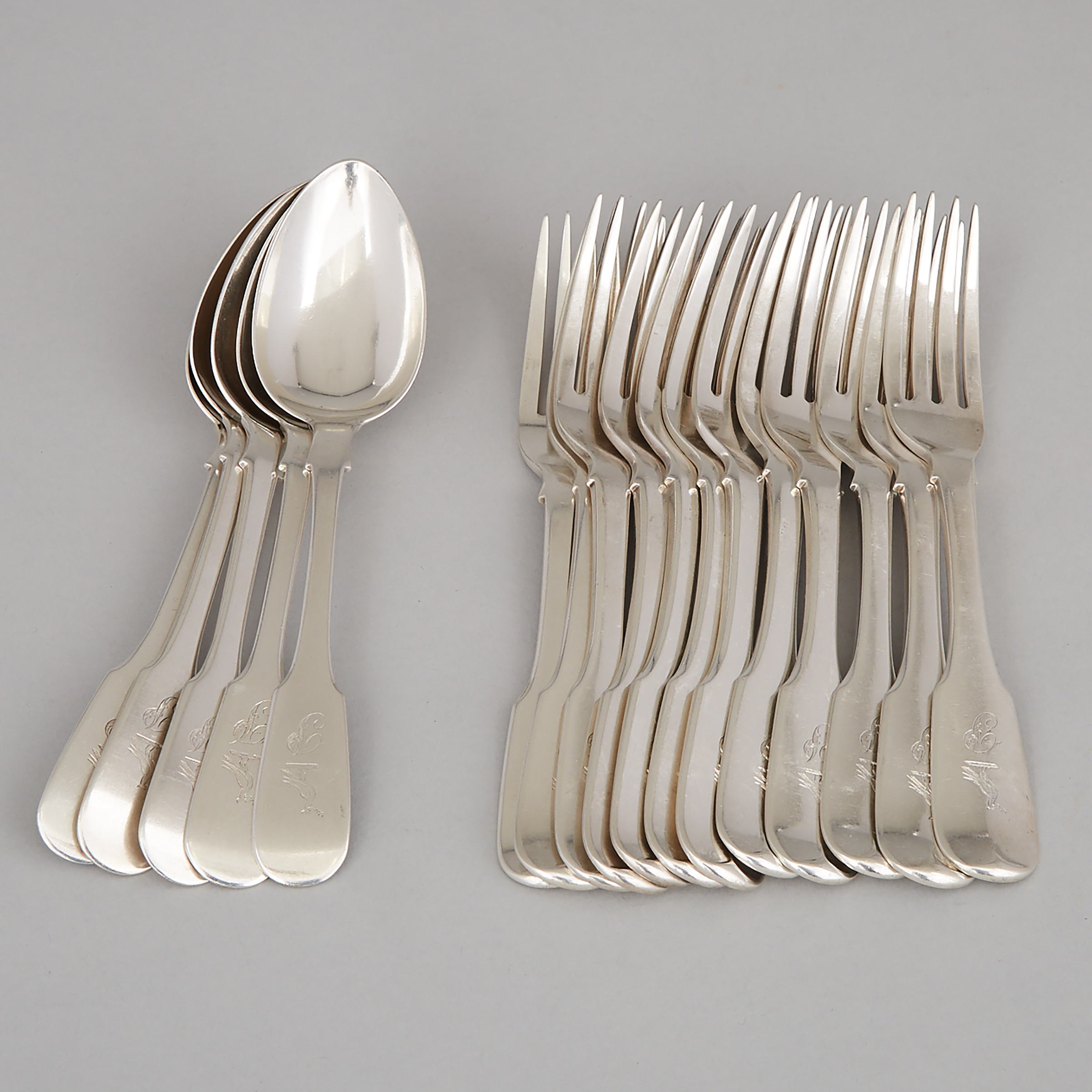 Twelve Canadian Silver Fiddle Pattern Dessert Forks and Five Dessert Spoons, Pierre Lespérance, Quebec City, Que., mid-19th century