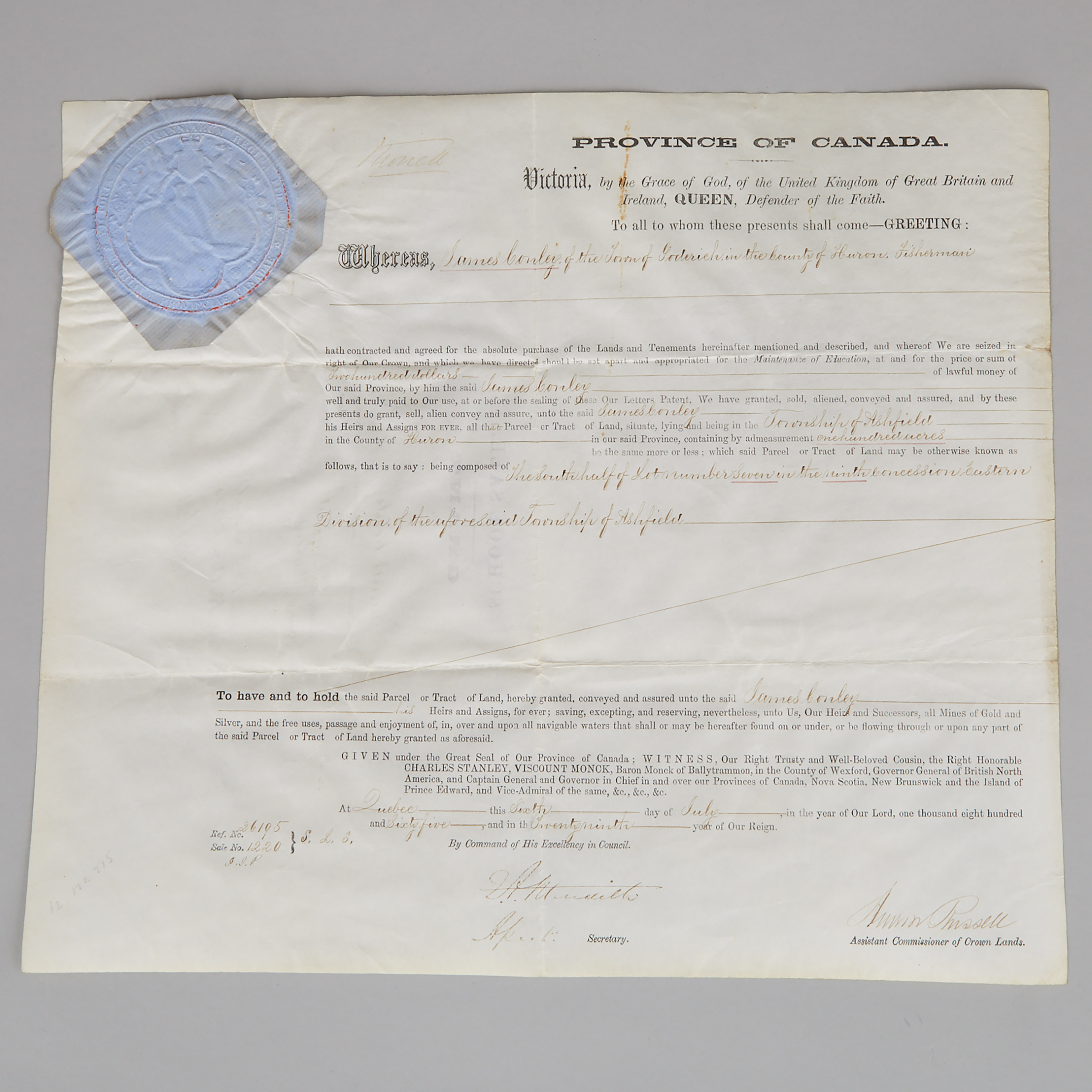 Province of Canada Land Grant, 1865